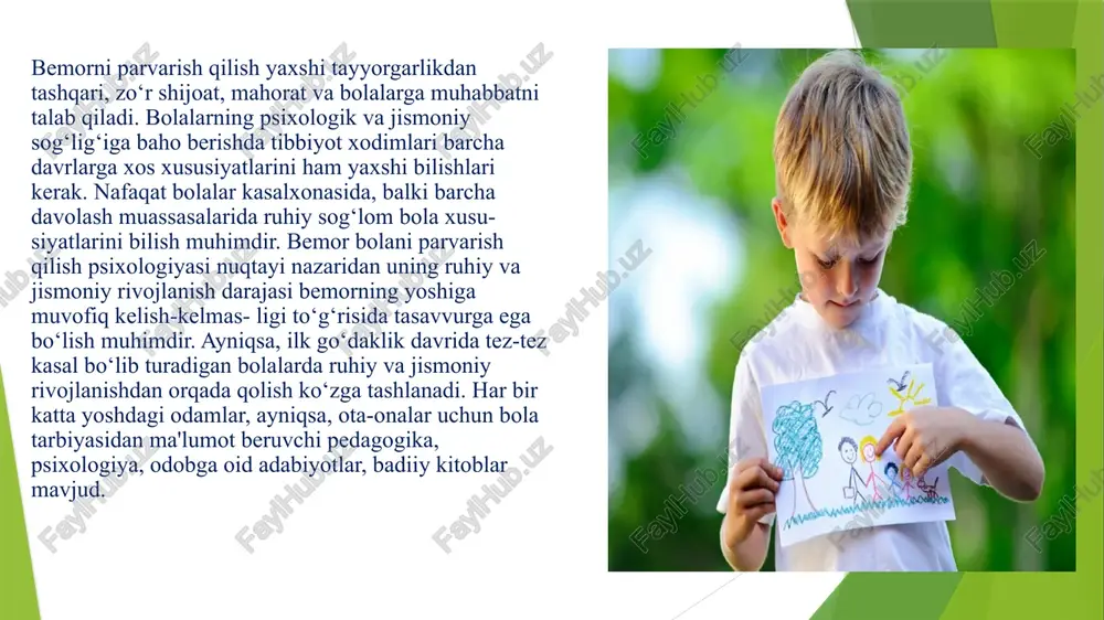 qabul qilish ko‘nikmalari. hissiy muvozanatni o‘rnatish. o’smirlik davrida uchraydigan o’zgarishlar. identifikatsiya muammosi: oʻzlikni anglash, kim ekanligini tushunishga urinish. hissiy oʻzgaruvchanlik: kayfiyat keskin oʻzgarishi, hissiy portlashlar. mustaqillik istagi: ota-onadan ajralish va oʻz qarorlarini qabul qilishga intilish. ijtimoiy munosabatlar: doʻstlar va tengdoshlar bilan muloqot kuchayadi, oʻz jamoasini qidiradi. stressga sezgirlik: oʻquv yuki va jamiyat talablariga nisbatan sezgirlik oshadi. bu davrda ijtimoiy qoʻllab-quvvatlash va tushunish muhimdir. oʻsmirlar bilan ochiq muloqot va ularning his-tuygʻulariga eʼtibor berish psixologik rivojlanish uchun zarurdir. autizm – bu asosan bolalik davrida paydo bo‘ladigan va bolaning ijtimoiy muloqotga kirishish, hissiy reaktsiyalar va xulq-atvori rivojlanishiga ta'sir qiladigan nevrologik rivojlanish buzilishi. autizm spektr buzilishlari (asb) deb ataluvchi kasallik bir qancha shakl va darajalarga ega bo‘lib, unda har bir bola yoki katta yoshdagi shaxsning simptomlari va ehtiyojlari har xil bo‘lishi mumkin. autizmning asosiy belgilar: ijtimoiy muloqotdagi qiyinchiliklar: ko‘z bilan aloqa qilishdan qochish. emotsiyalarni tushunishda yoki ifoda etishda qiyinchilik. o‘zini ijtimoiy muhitda noqulay his …
