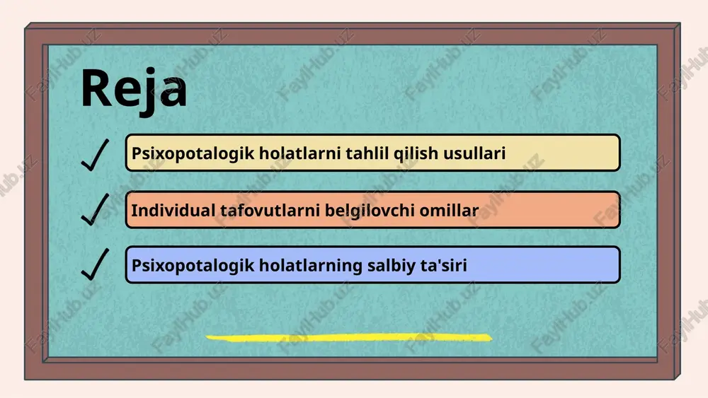 haxsiy psixologik holatlarimizda muhim rol o'ynaydi. irsiylik, oilaviy tarix va genetik xususiyatlar shaxsning xulq-atvorini va psixologik holatini ta'sir qiladi. masalan, ba'zi kasalliklar irsiy bo'lishi mumkin. ijtimoiy omillar shaxsning atrofidagi muhit va madaniyat bilan bevosita bog'liq. madaniyat, ijtimoiy aloqalar va iqtisodiy sharoitlar shaxsning psixologik holatiga ta'sir qiladi. ijtimoiy muhit stress va xavotirni kuchaytirishi mumkin. shaxsiy tajribalar, masalan, stress va travma ham psixologik holatga ta'sir qiladi. og'ir stress holatlari shaxsning xulq-atvoridagi o'zgarishlar, ruhiy holat va hissiyotlarning o'zgarishlariga olib kelishi mumkin. o'ziga xosliklar shaxsiy xususiyatlar va qobiliyatlar shaxsning psixologik holatiga ta'sir qiladi. har bir insonning o'ziga xosligi, qobiliyatlari va xulq-atvori uni boshqalardan ajratadi. psixopotalogik holatlarning salbiy ta'siri psixopotalogik holatlar, insonning ruhiy va jismoniy salomatligiga salbiy ta'sir ko'rsatishi mumkin. ushbu holatlar odamning hissiy holatini va jamiyatdagi o'zaro aloqalarini buzishi mumkin. salbiy ta'sirlar: - ruhiy salomatlikka: stress, depressiya, xavotir - jismoniy salomatlikka: uyqu buzilishi, immunitetning pasayishi, yurak-qon tomir kasalliklari. misollar: 1. stress: hayotiy muammolar va …