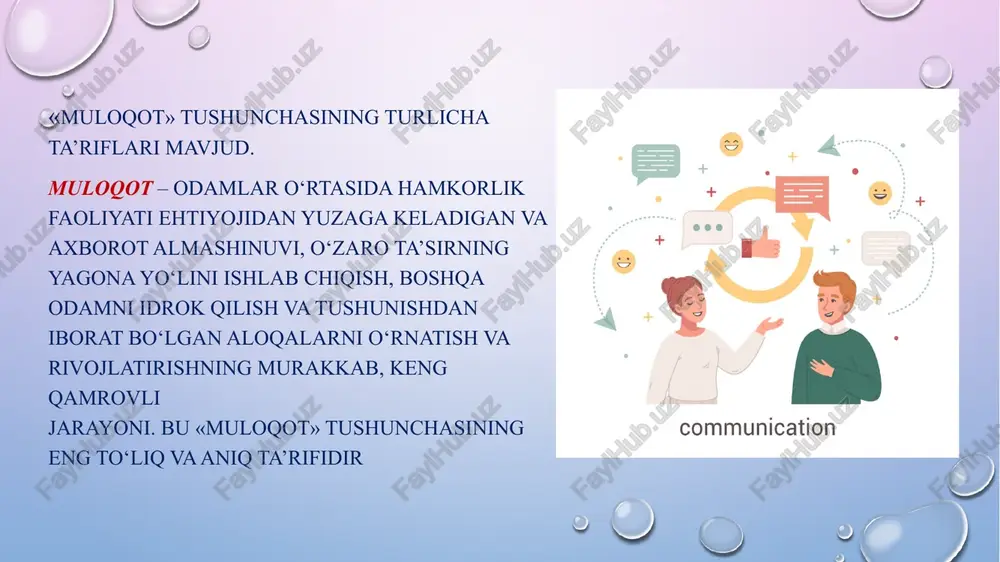 doshning mimikasi, gavda holati, nigohi ibora ma’nosini kuchaytirishi, to‘ldirishi yoki rad etishi mumkin. 4. imo-ishoralar muloqot vositasi sifatida umumiy qabul qilingan, ya’ni, belgilangan ma’noga ega bo‘lishi yoki ekspressiv, ya’ni, nutqning ifodaliligini yanada oshirishi mumkin. 5. suhbatdoshlar muloqotidagi masofa madaniy, milliy an’analarga, suhbatdoshga bo‘lgan ishonch darajasiga bog‘liq bo‘ladi. muloqot quyidagi bosqichlarga bo‘linadi. 1-muloqotga bo‘lgan ehtiyoj (axborotni etkazish yoki undan xabardor bo‘lish, suhbatdoshga ta’sir ko‘rsatish zarur, va h.k.) boshqa odamlar bilan aloqaga kirishishga undaydi; 2-muloqot maqsadlari, muloqot vaziyatini to‘g‘ri belgilash; 3-suhbatdosh shaxsini belgilash; 4-o‘z muloqoti mazmunini rejalashtirish, odam aynan nima haqida so‘z yuritishini tasavvur qiladi (odatda anglanmagan holda); 5-inson ongsiz ravishda (ba’zan ongli) foydalanishi mumkin bo‘lgan aniq vositalar, nutqiy iboralarni tanlaydi, qanday gapirib, o‘zini qanday tutishini o‘ylab qo‘yadi; 6-suhbatdoshning javob reaksiyasini idrok qilish va baholash, qaytar aloqa o‘rnatish asosida muloqot samaradorligini nazorat qilish; 7-muloqot yo‘nalishi, uslubi, metodlariga tuzatishlar kiritish. odamlarning amaliy faoliyatida muloqotning quyidagi turlarini ajratadilar: 1. «niqoblar aloqasi» - suhbatdoshning shaxs …