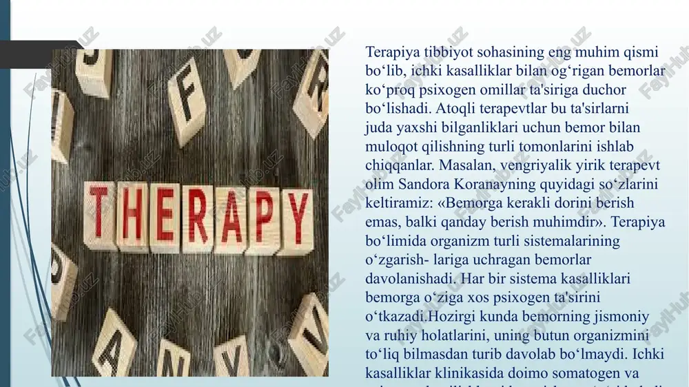 va g‘azab: ayrim hollarda bemorlar kasallikni qabul qilmay, g‘azablanish yoki mas'uliyatni boshqa odamlarga yuklashga moyil bo‘ladilar. odamda kuchli his-hayajonlar, iztiroblar yurak urishi bilan birga o‘tadi, bunda yuz qizaradi yoki oqaradi (tomirlarning qisilishi yoki kengayishiga qarab). bu alomatlarning tabiati va nechog‘li yuzaga chiqishi shaxs va organizmning o‘ziga xos xususiyatlariga bog‘liq bo‘ladi. psixik ta'sirlar bosh og‘rig‘ini yoki organizmdagi boshqa funksional buzilishlarni keltirib chiqarishi mumkin. psixogen omillar ta'siri ostida somatik sohada quyidagi buzilishlar: ko‘ngil behuzur bo‘lishi, qusish, ich ketishi, qabziyat, ishtaha yo‘qolishi, nafas qisishi, yo‘tal, arterial bosimning ko‘tarilishi, tomir urishi tezlashishi (taxikardiya), uning sekinlashuvi (bradikardiya), yurak ishi zaiflashuvi kabilar vujudga kelishi ehtimol. bemor organizmi holatini to‘la-to‘kis bilish uchun bemorning psixologik holati bilan birga o‘z kasalligiga munosabatini ham hisobga olish kerak. bundan asosiy maqsad shuki, bemor o‘z organizmidagi a'zolarini va ularning kasalliklarini qanday his qilishini, shuningdek, ayrim asosiy kasalliklarning psixogen moslashuvi bilan tanishtirishdir. terapiyada psixologiyaning o‘rni shundaki, u bemor bilan kasallik o‘rtasidagi muhitni, tibbiyot …