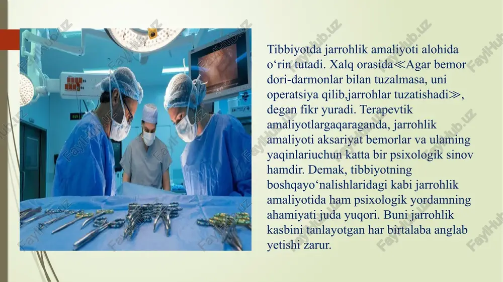 b ketishi mumkin. agar operatsiyalar biror-bir a’zoni yoki uning bir qismini olib tashlash bilan yakunlansa, operatsiya muvaffaqiyath chiqqan taqdirda ham bemor ruhiyati buzilishi ehtimoli bor. chunki bemor ushbu operatsiya sababli awalgi kasbida ishlay olmasligi yoki to ‘laqonli hayotga qayta olmasligi mumkin. albatta, bunday paytlarda jarroh ushbu operatsiyani qilmasa, boshqa a sora tlar yuzaga kelishi mumkinligini, endi jarrohlik muammolaridan xalos bo‘lgani va bundan so‘ng sog‘lig‘iga e’tibor qilib yurishini bemorga tushuntirib, uni tinchlantirishi lozim. mutaxassislar fikricha, operatsiya qilinishi lozim bo‘lgan bemorlarning 30 foizida, ba’zi ma’lumotlarga ko‘ra 70 foizida u yoki bu ko‘rinishda ruhiy buzilishlar kuzatiladi, ayniqsa, ipoxondriya ko‘rinishida. ular jarrohdan kasalligini sinchkovlik bilan tekshirilishi va vrachlar ishtirokida konsilium o’tkazilishini talab qilishadi. ba’zilari esa boshqa oczi taniydigan jarrohlar bilan ≪operatsiya shartmi-yo‘qmi≫, deb maslahatlashib yuradi. boshqa bir bemorlar esa o ‘zini qiynab yuigan kasalidan operatsiya orqali bira-toia qutulish istagida jarrohlarga murojaat qilishadi. ko‘pincha, bunday holatlar isteriyaga duchor bo‘lgan bemoriarda kuzatiladi. ular o‘zlarini qiynab yurgan …