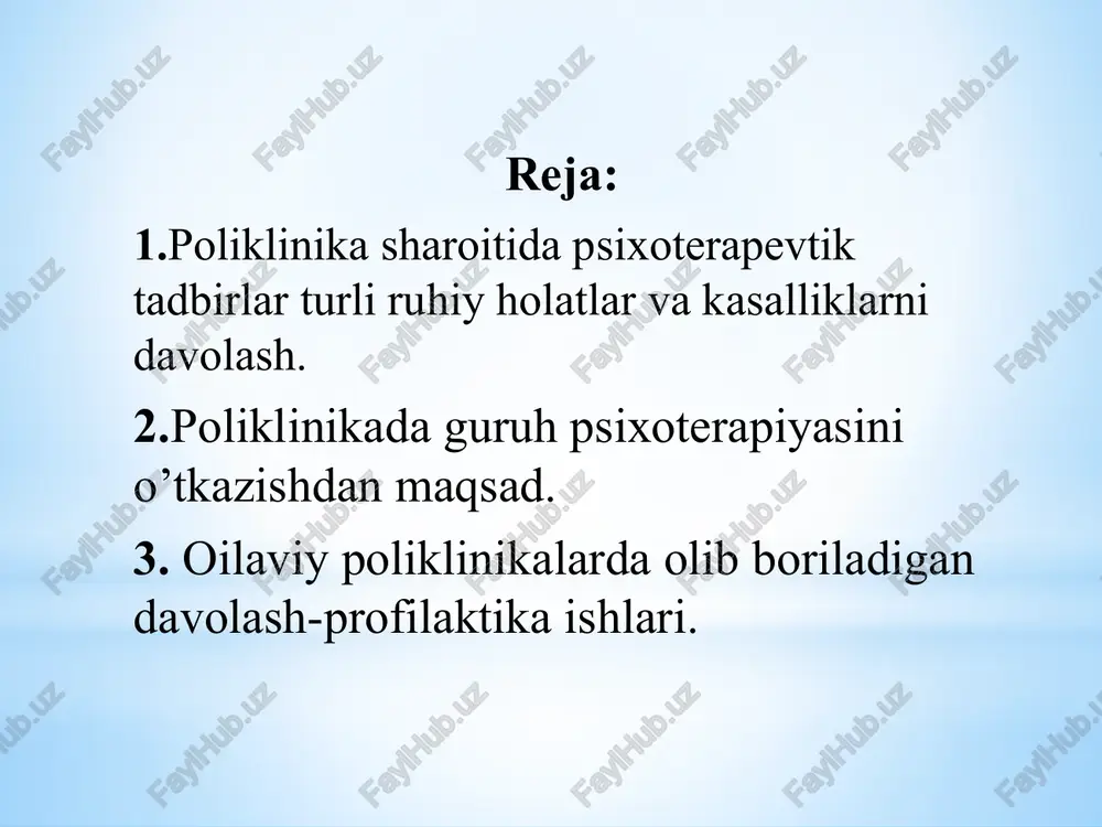 anadi. bu terapiya odatda o‘z-o‘zini qabul qilish, o‘zlikni anglash, o‘ziga bo‘lgan ishonchni mustahkamlash uchun ishlatiladi. psixodrama: bu usulda bemor o‘z hissiyotlari va tajribalari orqali dramani sahnada tasvirlashga, o‘zining ichki dunyosini yanada chuqurroq tushunishga yordam beradi. bu metod ham individual, ham guruh terapiyasida qo‘llanilishi mumkin. 2. guruh psixoterapiyasi poliklinikada guruh psixoterapiyasi bemorlarni birlashtirib, ularga ijtimoiy qo‘llab-quvvatlashni ta’minlaydi. guruh terapiyasi bemorlar o‘rtasida tajriba almashish va o‘zaro yordamni kuchaytirishga yordam beradi. guruh psixoterapiyasida bir nechta bemorlar bir vaqtning o‘zida qatnashadilar va psixoterapevtning boshchiligida o‘z muammolarini muhokama qiladilar. guruh psixoterapiyasining asosiy afzalliklari: 1.bemorlar o‘rtasida o‘xshash muammolarni ko‘rish va tushunish. 2.o‘z-o‘zini anglash va ishonchni oshirish. 3.ijtimoiy qo‘llab-quvvatlash. 4.ruhiy stressni kamaytirish. 3. psixoterapevtik konsultatsiyalar psixoterapevtlar poliklinikada bemorlarga individual muammolariga qarab maslahatlar beradi. bu konsultatsiyalar, ko‘pincha, bemorlarning ijtimoiy, oilaviy, kasbiy muammolarini hal qilishga yordam beradi. shuningdek, psixoterapevtlar bemorning ruhiy holatiga qarab zarur tavsiyalar berishadi. 4. gipnoterapiya gipnoterapiya, ba’zi poliklinikalarda qo‘llaniladigan psixoterapevtik usuldir. bu usulda bemor gipnoz holatiga …