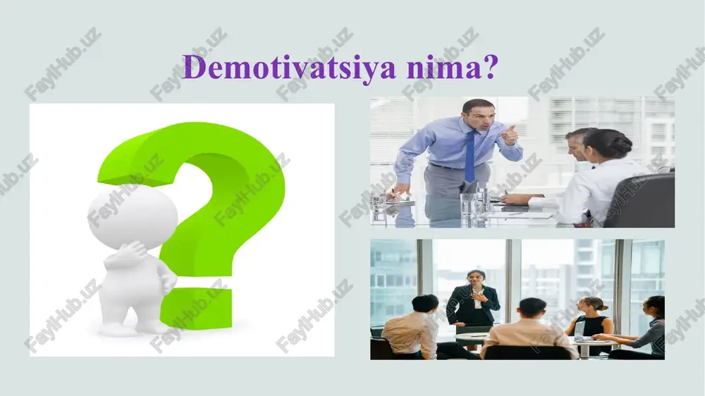 rini bildiradi. unga ko‘ra, eng qobiliyatli odamlar yetakchi o`rinlarni egallashi kerak. zamonaviy rahbar demotivatsiyon xodim bilan kommunikativ samarali muloqatni yo‘lga qo‘yib xodimning taklif, fikrlarini tinglashi, bir jamoa bo‘lib ishlashga xodimlarni demokratik boshqarishi lozim. 7 chora tadbirlar muammo amalga oshirish mexanizmi mas‘ullar muddati natija demotivatsiyaning asosy sabablarini va undan chiqarish yo‘llarini aniqlash 1. xodimlar o‘rtasida so‘rovnoma o‘tkazish. xodimlar nimani haxlayotganligini oldindan bilish. maktab direktori maktab psixoligi. reja asosida ta‘lim muasasasida sog‘lom muhitni shakllantirishga ijobiy tasir etish. xodimlarni o‘z kasbini sevishga o‘rgatish. xodimlarda huquqiy bilim etarli emasligi. 1. xodimlarning huquqiy savotxonligini aniqlash. maktabda jamoa bo‘lib zakovat o‘yinlarini o‘tkazib boorish. maktab direktori, ijtimoiy fanlar metodbirlashma rahbari. reja asosida xodimlarning miyoriy huquqiy hujjatlarni yuritilishida huquqiy savodxonlikni oshirish. xodimlarni qo‘llab- quvvatlash va rag’batlantirish uchun vaqt va resurslarni sarflash. maktabda xodimlarga adolatli bo‘lish. 1. jamoa bo‘lib sport musobaqalari o‘tkazish. 2.maktabning eng yaxshi o`qituvchi ko‘rik tanlovini o‘tkazish. maktab direktori, metodbirlashma rahbarlari, kasaba uyushmasi, jismoniy tarbiya o‘qituvchilari. reja …