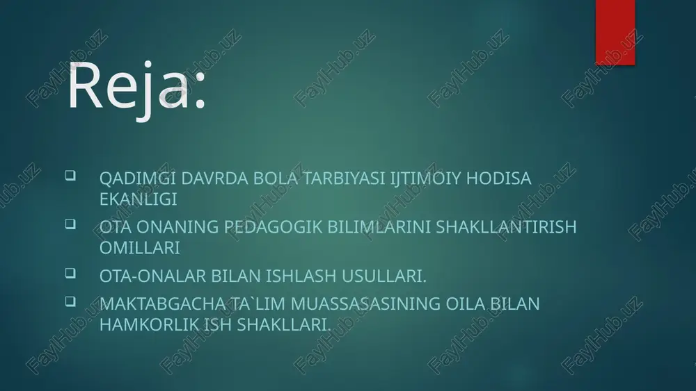 ituvchi va sinf rahbarini xabardor qilib turishi lozim. ota onaning pedagogik bilimlarini shakllantirish omillari oila tarbiyasi — oilada otaona, vasiy yoki katta kishilar tomonidan bolalarni tarbiyalash. yosh avlodning har tomonlama rivojlanishida muhim oʻrin tutadi. oila tarbiyasida doimiy tarbiyaviy taʼsirchan kuch — oilada ruhiy xotir-jamlik, samimiy munosabat, ota-ona obroʻsining yuqori boʻlishi, bolalarga talab qoʻyishda oila kattalari oʻrtasidagi birlikning saqlanishi, bola shaxsini mehnatga tarbiyalashga alohida eʼtibor berish, bolani sevish va izzatini joyiga qoʻyish, oilada qatʼiy rejim va kun tartibini oʻrnatish, bolaning yosh va shaxsiy xususiyatlari-nl hisobga olish, boladagi oʻzgarishlarni kuzatib borish, undagi mustaqillikka intilish va tashabbuskorlik sifatlarini qoʻllabquvvatlash va h.k. oila qanchalik tartibli, uning aʼzolari oʻrtasidagi munosabat samimiy boʻlsa, oila tarbiyasi ham shunchalik muvaffaqiyatli boʻladi. oila tarbiyasida ota-ona obroʻsi, ularning kuzatuvchanligi, sezgirligi, hozirjavobligi muhim tarbiyaviy ahamiyatga ega. oila tarbiyasi ijtimoiy tarbiya bilan uzviy aloqada boʻlsagina, kutilgan natijalarga eri-shish mumkin. oila tarbiyasida yutuklarga erishish ota-onalarning pedagogik bilimlarga egaligi, oila tarbiyasi boʻyicha tajribalar alma-shishi, …