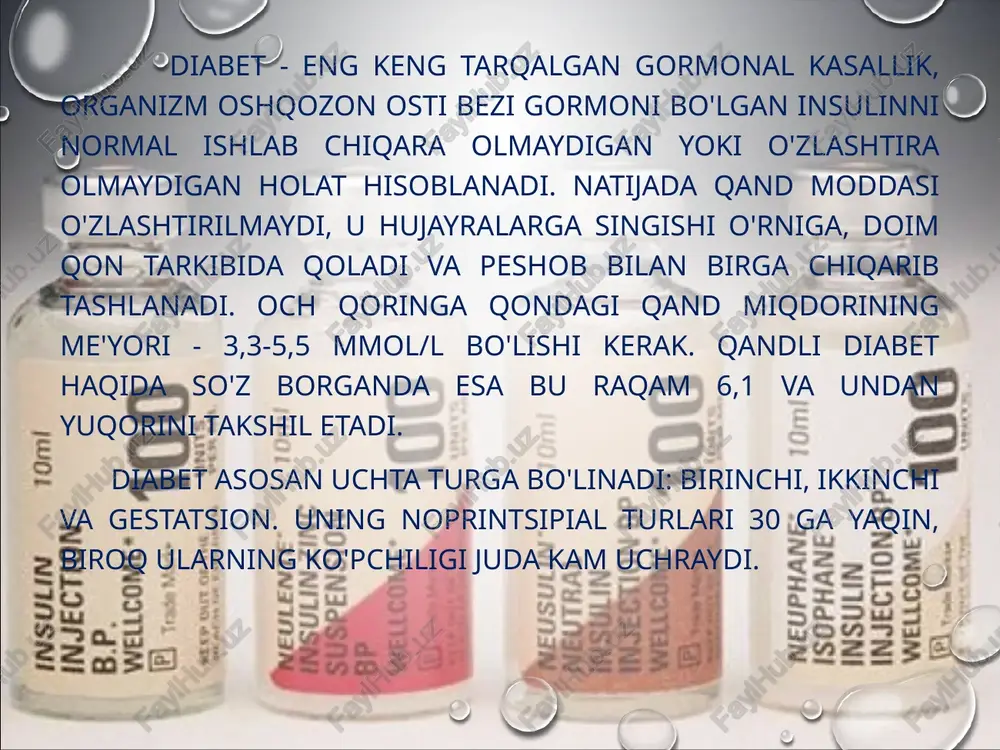 lgilari rivojlanmagan bo'ladi. odam o'zini yomon his qilmaydi - muammoni faqat qonni qand moddasi miqdoriga tekshirish orqali aniqlash mumkin. farqni bilib olaylik. 1-turdagi va 2-turdagi diabet - mutlaqo turli kasalliklardir. ularni bir atama bilan nomlashlariga sabab shuki, oldinlari ularni ajrata olishmagan, ularning belgilari esa o'xshash bo'lgan. bu sizni qo'rqitadi. 2-turdagi diabet bilan tanish bo'lgan qarindoshlaringiz yoki tanishlaringiz bor bo'lsa ajabmas. ularga qarab turib, ularning diabetdan aziyat chekayotganiga ishonish qiyin. ammo bu yomon - biz shunchaki diabetning real oqibatlarini sezmaymiz! hatto bemorlarning o'zi ham paydo bo'lgan asoratlarda yoshlarini, qandaydir kasalliklarini yoki o'sha ortiqcha vaznni ayblaydilar. holbuki aynan mana shu diabet - har qanday kasallikning kechishini yomonlashtiruvchi jiddiy omildir. 6 xavfni baholaymiz "ha" javobi qancha ko'p bo'lsa, 2-turdagi diabet ehtimoli shuncha ko'p. uch va undan ko'p "ha" degan javob - shifokorga borish uchun bahona bo'la oladi. 1. ortiqcha vazningiz bormi? 2. yaqin qarindoshlaringizning (aka-uka, opa-singil, ota-ona) birida 2-turdagi diabet yoki diabet oldidagi …