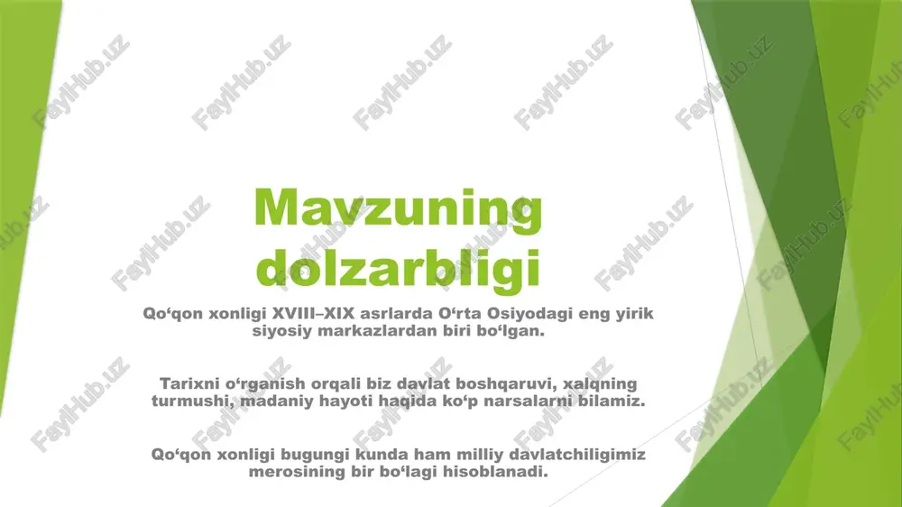 lar: qo‘qon qal’asi, namangan va andijon istehkomlari. qurollar – miltiq, qilich, nayza. diplomatik aloqalar buxoro amirligi bilan doimiy raqobat. xiva xonligi bilan ham ziddiyatlar bo‘lgan. rossiya bilan savdo aloqalari siyosiy ta’sirga aylanib borgan. sharqiy turkiston (qashqar) bilan madaniy va iqtisodiy aloqalar kuchli bo‘lgan. rossiya bosqini xix asr o‘rtalaridan rossiya o‘rta osiyoga yurish boshladi. 1865-yilda toshkent bosib olindi. 1868-yilda samarqand rossiya qo‘liga o‘tdi. keyingi nishon – qo‘qon xonligi bo‘ldi. xudoyorxon davri (1845–1875 rossiya bosimiga qarshi turishga qodir bo‘lmagan. unga qarshi xalq orasida qo‘zg‘olonlar bo‘lgan. xudoyorxon ko‘p marta taxtdan ag‘darilgan va qaytgan. qo‘qon qo‘zg‘oloni (1873–1876) rus bosqiniga qarshi xalq qo‘zg‘oloni ko‘tarilgan. qo‘zg‘olon rahbarlari – po‘latxon, boshqa mahalliy sardorlar. rus qo‘shinlari uni shafqatsiz bostirgan. minglab odamlar halok bo‘lgan. qo‘qon xonligining tugatilishi (1876) 1876-yilda rossiya imperiyasi qo‘qon xonligini to‘liq bosib oldi. xonlik tugatilib, uning o‘rnida farg‘ona viloyati tashkil etildi. qo‘qon xonligi mustaqilligi yakunlandi. image1.jfif image2.png media1.mp4 image3.png /docprops/thumbnail.jpeg