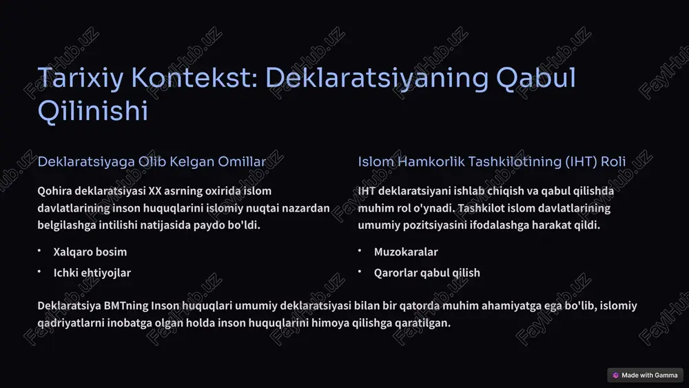idagi muvozanatni saqlash deklaratsiyaning asosiy maqsadidir. 3 mazmuni: deklaratsiyaning asosiy moddalari hayot huquqi har bir insonning hayot huquqi himoya qilinishi kerak. ta'lim huquqi har bir inson ta'lim olish huquqiga ega. adolatli sud huquqi har bir inson adolatli sud jarayonida qatnashish huquqiga ega. mulkiy huquq har bir inson o'z mulkiga egalik qilish huquqiga ega. ushbu moddalar deklaratsiyaning asosiy qismini tashkil etadi va inson huquqlarini amalda ta'minlashga qaratilgan. misol uchun, ta'lim huquqi jamiyatning rivojlanishida muhim rol o'ynaydi, adolatli sud huquqi esa qonun ustuvorligini ta'minlaydi. 4 deklaratsiyaning tanqidi: qarshi argumentlar shariat qonunlari ba'zi tanqidchilar deklaratsiya shariat qonunlariga zid kelishi mumkinligini ta'kidlashadi. 1 ayollar huquqlari ayollar huquqlari bilan bog'liq ba'zi moddalar tanqid ostida. 2 so'z erkinligi so'z erkinligi masalalari bo'yicha xavotirlar mavjud. 3 tanqidchilar inson huquqlari bo'yicha xavotirlarni bildirishadi. biroq, deklaratsiya tarafdorlari bu tanqidlarga javob berishga harakat qilishadi, shariat qonunlari inson huquqlarini himoya qilishga qaratilganligini ta'kidlashadi. 5 ta'siri: deklaratsiya natijalari 1 qonunchilikka ta'siri deklaratsiya …