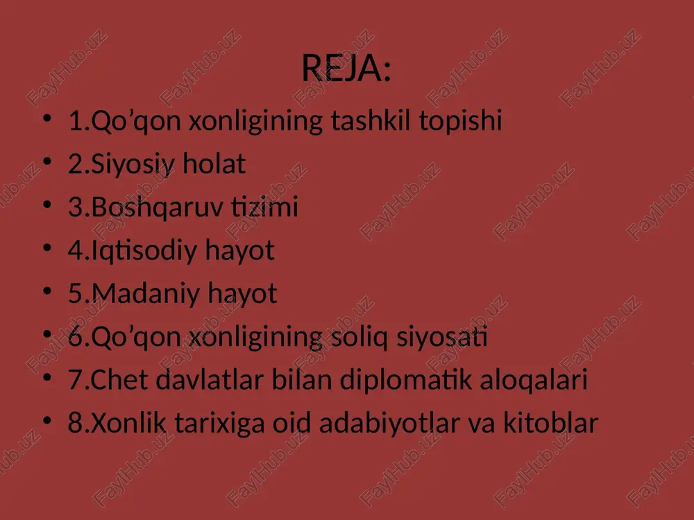 an yuz bergan urushda (1840 y.) muhammad alixon yengilib, xoʻjandni amir nasrulloga topshirishga va oʻzini uning noibi deb tan olishga majbur boʻlgan. ijtimoiy ahvol qo’qon xomligida aholisining soni 3 mln.ga yaqin edi. chorizm qoʻshinlari uning shim.gʻarbiy viloyatlarini bosib olgach, xonlik hududi ancha qisqarib, asosan, fargʻona vodiysi bilan cheklanadi va aholi soni taxm. 2 mln.ga tushib qoladi. qo’qon xonligidada ham yerga egalik qilish va undan foydalanish turli xil boʻlgan. xonlikka qarashli boʻlgan yerlar quyidagicha taqsimlangan. o’zbeklar tojiklar qirg’izlar qozoqlar uyg’urlar qoraqolpoqlar amlok yerlar vaqf yerlari mulki xiroj mulki ushriya boshqaruv tizimi qo’qon xonligida eng yuqori oliy unvon” xon” unvoni bo’lib, u cheklanmagan hokimyatga ega bo’lgan. olimxon davrigacha hukmdorlar “biy” unvoni bilan hokimyatni boshqargan bo’lsa, olimxon birinchi bo’lib, o’zini xon deb e’lon qilishi, umarxonnong “amir al-mo’minin”lik maqomiga erishuvi, va muhammmad alixonning “xon” unvonini saqlab qolib, uni davom ettirishi markaziy boshqaruvda alohida ahmiyat kasb etgan xon avlodlari “xonzoda” “amirzoda” “mirzoda” “shahzoda” “to’ra” deb …