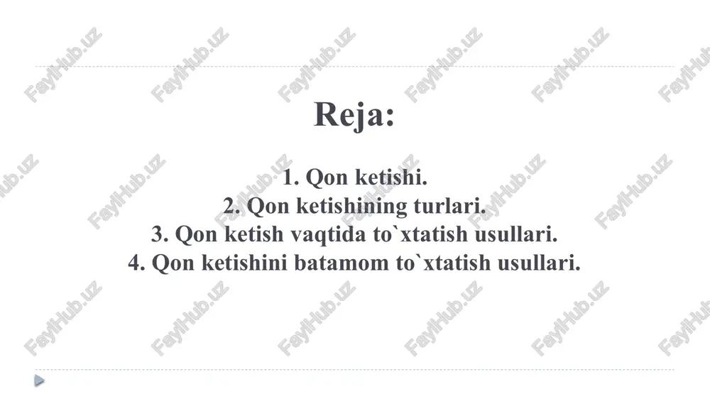 . kapillarlarda qon ketganda, jarohatning butun yuzasi bo`ylab kam miqdorda, bir maromda, tomchi ko`rinishida qon sizib chiqadi. parenximatoz(g`ovak) a’zolar (jigar, taloq, o`pka) jarohatlanganda qon ketishi juda xavfli kechadi, ulardagi tomirlarning o`z holicha yopilmasligi sababli, qon ketishi to`xtamaydi va tez kamqonlik holatlari kelib chiqadi. 2. qon ketishining tashqi, ichki va yashirin klinik turlari farqlanadi. -tashqi qon tomir devorining jarohati tufayli ketayotgan qon tashqariga oqadi. -ichki qon ketish nisbatan murakkab, ketayotgan qon biron bir a’zo qobiqlarida to`plangan tarzda yoki qorin va ko`krak qafasi bo`shliqlariga ketishi mumkin. 3. o`tkir yoki surunkali qon ketish. inson hayotidagi eng havfli qon ketishi o`tkir qon ketishidir. qisqa vaqt ichida yo`qotilgan katta miqdordagi qon yetishmovchiligiga inson organizmi tez moslasha olmaydi, natijada o`lim hollari ko`p uchraydi. surunkali qon ketishda esa kamqonlik sekinlik bilan rivijlanadi, natijada inson organizmi bu yangi holatga asta-sekin moslasha boradi. image2.png image3.png image4.png image5.png image6.png image7.png image8.png image9.png image10.png image11.png image12.png image13.png image14.png image15.png image16.png image17.png …