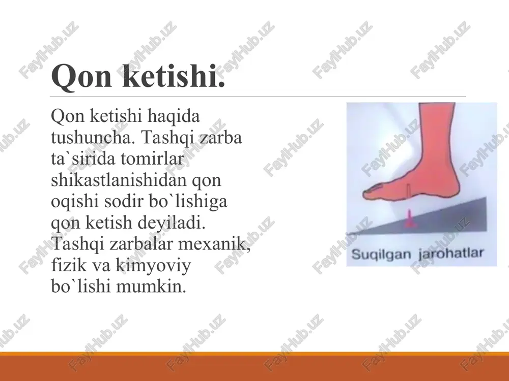 ha kuzatiladi. o`tkir qon ketishi klinikasi. bunda teri va shilliq pardalarninig birdaniga oqarib ketishi bilan xarakterlanadi. bemorning yuzi sulib, kuzi kirtayadi, arterial va venoz qon bosimi pasayadi, puls tezlashib , tuliqligi sust va ipsimon bo`ladi, nafas tezlashadi , bosh aylanadi, a`zoyi badani bushashadi, tashnalik , kuz oldining qoromg`ilashuvi, kungil aynishi, ba`zan qusish kuzatiladi. qon yo`qotishda ulim og`ir kislorod etishmovchiligi natijasida nafas markazininig falajlanishi va yurak faoliyatining tuxtashi natijasida ruy beradi. chaqaloqlar va keksalarda oz miqdorda qon ketishi juda asoratlarga , xatto ulimda olib kelishi mumkin. mexanik - kesilish, sanchilish, urilish, qirilish, tilinish, tishlangan va o`q tegishi. fizik - radiatsiya nurlaridan zararlanish, kuyish. kimyoviy - kislota va ishqorlardan zararlanish. qon ketishining turlari. shikastlangan tomirlar turiga ko`ra arterial, venoz, kapillyar, parenximatoz qon oqishlar tafovut qilinadi. arterial qon ketishida - oqayotgan qon och qizil rangda bo`lib, uzilib-uzilib, juda tez fontanga o`xshab, yuqoriga qarab otilib oqadi. venoz qon ketishida - oqayotgan qon to`q qizil …