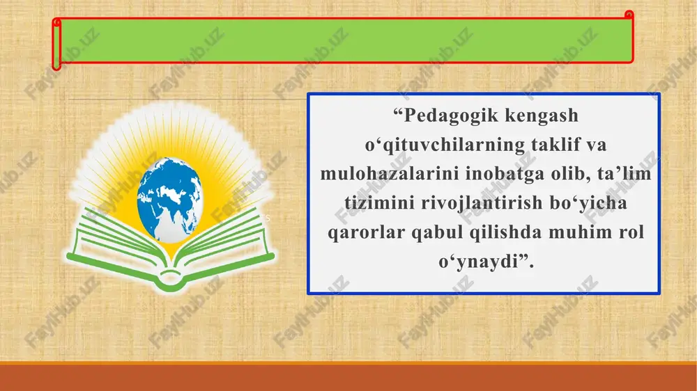 ’ni va qadr –qimmatini himoya qilish,ijtimoiy va moddiy farovonligi ,kasbiy jihatdan o‘sishi to‘g‘risida g ‘amxo‘rlik qiladi maktabda pedagogik kengash faoliyati samaradorligini oshirish va shaffofligini ta’minlash uchun reja asosida ishlab chiqilgan mavzuga oid adabiyot sifatida maktablardagi ayrim hujjatlarni elektron holda yuritish ayrim hujjatlarni bekor qilish bo’yicha mmtvning 2024 - yil 17 -maydagi 1 163-sonli buyrig’i “umumiy o’rta ta’lim maktablarida quyidagi maktab hujjatlari elektron shaklda yuritiladi” pedagogik kengash bayonnomalari …………1bob 1 qoidasi 4 mavzuga oid adabiyotlar tahlili “…o‘quvchilar oldida yo‘qotilgan obro‘ni tiklash juda qiyin, hatto ba’zi vaqtlarda mumkin ham emas.” q.niyoziy. hayot maktabi. toshkent : fan, 1970. – 34 bet «pedagogik kengash faoliyati samaradorligini oshirish omillari» xamidova rislig‘oy farhodovna, 44-bet:19.11.2023-yil. har yili an’anaviy avgust kengashlari o‘quv yili yakunlarini tahlil etish, erishilgan yutuqlarni mustahkamlash, yo‘l qo‘yilgan kamchilik va nuqsonlarning sabablarini aniqlash, yangi o‘quv yilida ularning takrorlanishiga yo‘l qo‘ymaslik chora-tadbirlarini ishlab chiqish. 2. “davlat ishlarining to’qqiz ulushi kengash, tadbir va mashvarat, qolgan bir ulushi …