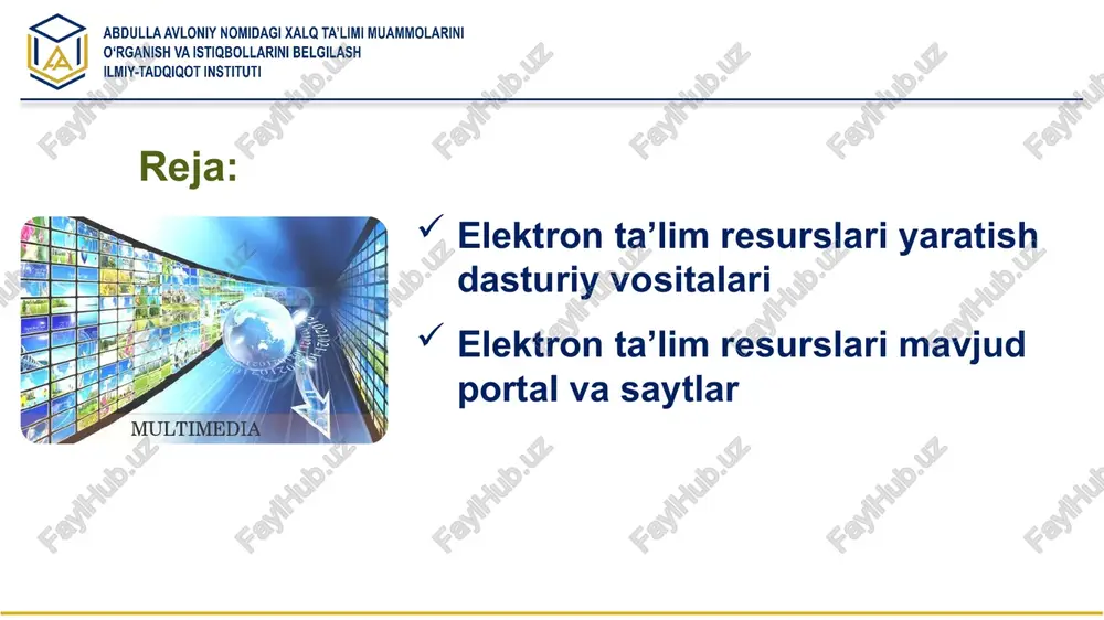 surslari 9 1-11-sinflar uchun umumtaʼlim onlayn maktabi hamda maktab oʻquv dasturi boʻyicha videodarslar va boshqa materiallar platformasi. 1-11-sinflar uchun umumtaʼlim onlayn maktabi hamda maktab oʻquv dasturi boʻyicha videodarslar va boshqa materiallar platformasi. xanakademiyasi.uz - platformada matematika, informatika, kimyo, fizika, iqtisodiyot, biologiya va astronomiya kabi fanlar boʻyicha 9 mingdan ortiq videodarslar mavjud. http://www.gov.uz http://www.lex.uz http://www.uzedu.uz http://www.avloniy.uz http://www.onlinedu.uz http://www.ziyonet.uz http://www.rtm.uz http://dr.rtm.uz http://www.maktab.uz http://www.xanakademiyasi.uz http://www.utube.uz http://www.kitob.uz foydalanish uchun elektron manzillar e’tiboringiz uchun rahmat! image1.png image2.jpeg image3.png image4.jpeg image5.png image6.png image7.png image8.png image9.png image10.png image11.png image12.png image13.png image14.png image15.png image16.png image17.png image18.png image19.png image20.png image21.png image22.png image23.png image24.png image25.png image26.png image27.png image28.png image29.png image30.png image31.png /docprops/thumbnail.jpeg