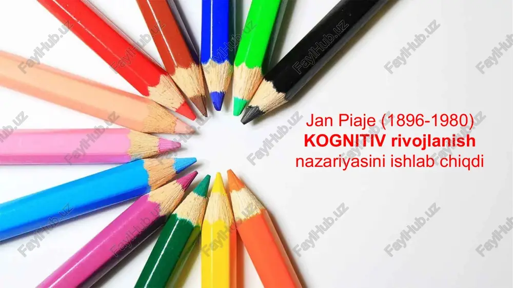 kmalarida, balki bolalar o'yinlarining o'zgaruvchan tabiatida ham aks etadi. maktabgacha yoshdagi bolalar ko'pincha xayolot va ishonish bilan shug'ullanadilar, atrofdagi odamlarning xatti-harakatlarini namoyish qilish uchun realistik narsalar yoki oqilona o'rinbosarlardan foydalanadilar. piyaje bunday sahna o'yini bolalarga yangi qo'lga kiritilgan ramziy sxemalarni amalga oshirishda va boshqalarning jamiyatda egallagan turli rollari bilan tanishishda yordam berishini taklif qildi va uni 4 bosqichga ajratdi: sensorimotor davri operatsiya bosqichi beton operatsiya rasmiy operatsiya 4 3 2 1 1.sensorimotor davr (tug’ilgandan to 2 yoshgacha) bo’lgan davr. bolaning boshlang'ich naqshlari oddiy reflekslar bo'lib, asta-sekin ba'zilari yo'q bo'lib ketadi, boshqalari o'zgarishsiz qoladi, boshqalari esa katta va moslashuvchan harakat birliklariga birlashadi. birlamchi, ikkilamchi va uchlamchi reaktsiyalar haqida aytganda, birinchisi reflektor faoliyatidan o'z-o'zidan hosil bo'ladigan faoliyatga ko'proq ongli ravishda o'tadigan ibtidoiy reflekslarga asoslangan sensorimotor sxemalarni takomillashtirishni o'z ichiga oladi. masalan, bosh barmog'ini so'rib olgan va uni takrorlaydigan bola, unga tuyg'u yoqadi. ikkilamchi reaktsiyalar tashqi hodisalar bilan mustahkamlangan harakatlarning takrorlanishiga bog'liq. maqsadga …