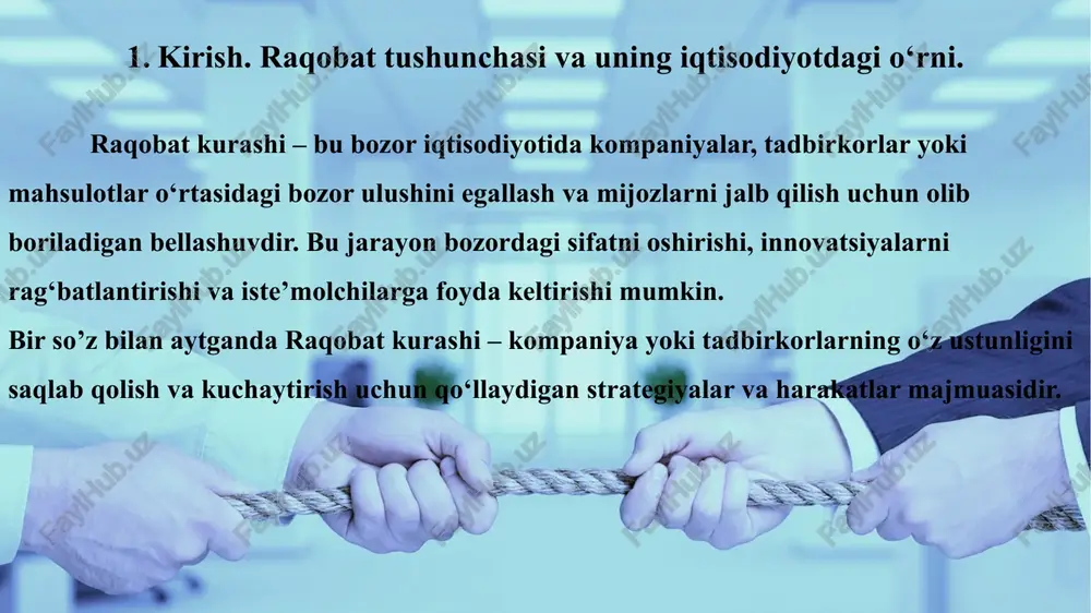 lishini ta’minlaydi, chunki iste’molchilar yaxshiroq variantlarni tanlash imkoniyatiga ega bo‘lishadi. 4. narxlarni optimallashtirish – raqobat ortib borgan sari kompaniyalar o‘z mahsulot va xizmatlarini arzonroq va foydalanuvchilar uchun qulayroq qilishga harakat qilishadi. 5. bozorni tartibga solish – raqobat orqali bozorda monopoliya va suiste’mollarning oldi olinadi, shuningdek, halol biznes yuritish tamoyillari shakllanadi. 6. ishchanlik muhiti va iqtisodiy rivojlanish – sog‘lom raqobat iqtisodiy o‘sishni tezlashtiradi, chunki kompaniyalar samaradorligini oshirish uchun yangicha strategiyalar ishlab chiqadi. 7. foydalanuvchilarga ko‘proq tanlov imkoniyatini yaratish – raqobat tufayli iste’molchilar turli xil mahsulot va xizmatlardan o‘z ehtiyojlariga mos keladiganini tanlash imkoniyatiga ega bo‘ladilar. shunday qilib, raqobat kurashi shaxsiy rivojlanishdan tortib, butun iqtisodiyotning o‘sishigacha bo‘lgan jarayonlarda muhim ahamiyatga ega. biznesda muvaffaqiyatga erishish uchun raqobat nafaqat mavjud bo‘lishi, balki samarali shakllantirilishi ham muhimdir. samarali raqobat biznesni rivojlantirish, mijozlar e’tiborini jalb qilish va bozorda uzoq muddatli muvaffaqiyatga erishishga yordam beradi. quyida samarali raqobatni shakllantirishning asosiy yo‘llari keltirilgan. 1. differensializatsiya (farqlanish) strategiyasi – …