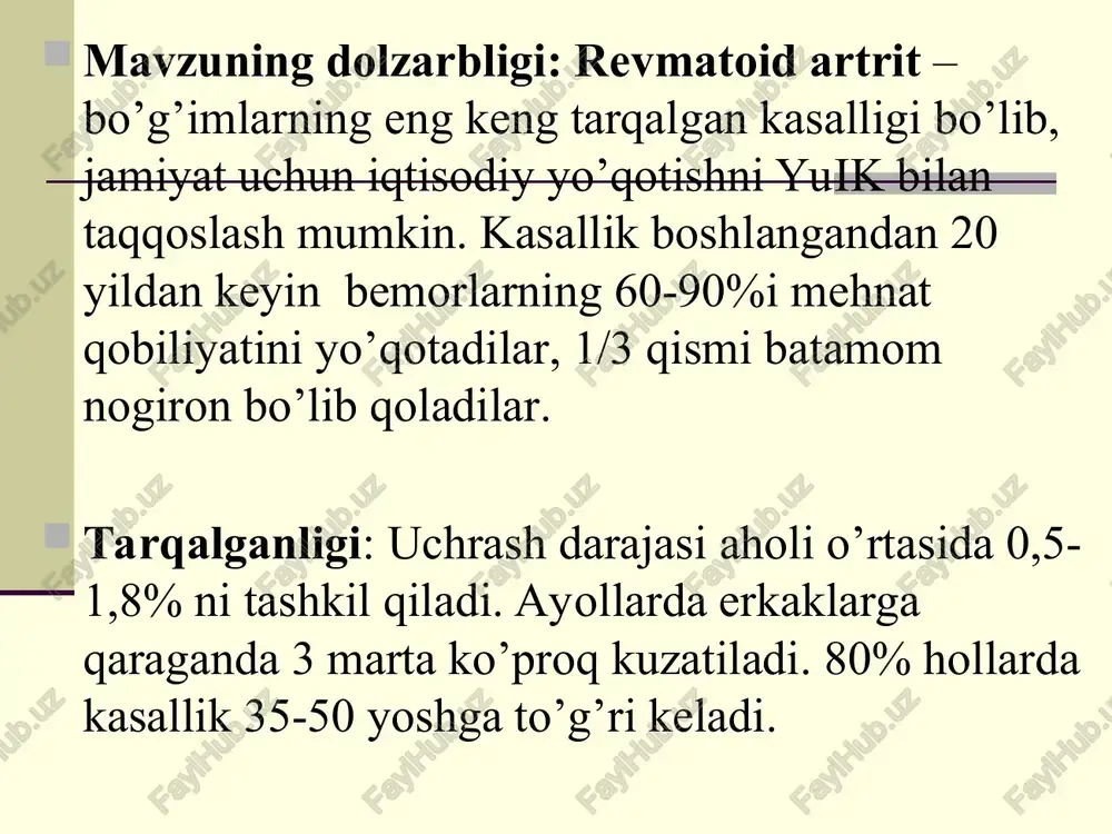 i mutaxassislar tomonidan revmatoid artrit autoimmun kasallik deb qaraladi. ushbu kasalliklar guruhi himoya hujayralari – limfotsitlar faoliyatining o'zgarishi bilan tavsiflanadi. ular begona bakteriyalarni, zamburug'larni, viruslarni faol ravishda tanib olish va ularni yo'q qilish o'rniga, o'zlarining sog'lom hujayralariga hujum qilishni boshlaydilar. immun tizim hujayralari o'zaro ta'sirining buzilishi quyidagi bosqichlardan iborat: sinoviositlar makrofaglar xususiyatlariga ega bo'lib qoladi, yallig'lanishga olib keluvchi sitokinlarni, birinchi navbatda o'sma nekrozi omili α, interleykin 1 ni ajratib, antigen ishlab chiqaruvchi hujayralarga aylanadi va t-xelperlarning faollashishiga olib keladi. • sinovial suyuqlik hujayralarida va bo'g'imning sinovial qobig’ida ko'p sonli t-xelperlari paydo bo'lib, ular γ-interferon chiqaradi va makrofaglarni faollashtiradi faollashgan makrofaglar va monositlar yallig'lanishga olib keluvchi sitokinlarni ishlab chiqaradi: o'sma nekrozi omili α, il-1, il-6. • sinovial suyuqlikda il-8 kontsentratsiyasining ortishi undagi neytrofillarning yuqori konsentratsiyasini keltirib chiqaradi. • il-1 isitmani, osteoklastlarning faollashuvini keltirib chiqaradi, bu esa subxondral suyak plastinkasining osteoporoziga olib keladi. o'sma nekrozi omili endotelial hujayralar yuzasida adgeziya molekulalarining paydo …