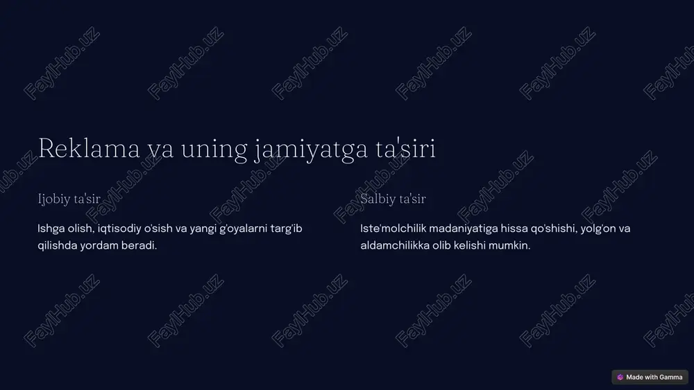 va tavsiyalar reklama - bu kuchli vosita, lekin uning ijtimoiy va axloqiy jihatlarini unutmaslik kerak. xaridorlarga haqiqatga mos ma'lumot berish, ekologiya masalalariga e'tibor qaratish va jamiyatni targ'ib qiluvchi reklamalarni yaratish juda muhim. 8 image1.png image2.png image3.png image4.png image5.png image6.png image7.png image8.png image9.png image10.png image11.png image12.png image13.png image14.png