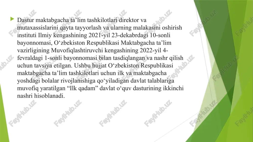 bgacha ta’lim sohasida xizmatlar ko‘rsatuvchi nodavlat mttlarida; ● ta’lim va tarbiyaning muqobil shakllarida; ● “mehribonlik” uylari maktabgacha ta’lim guruhlarida; ● monitoring va uzluksizlikni ta’minlash maqsadida maktabgacha va boshlang‘ich ta’limni nazorat qiluvchi boshqaruv organlarida. 2-vov mtt ta’lim va tarbiya jarayonining maqsad va tamoyillari maktabgacha ta'lim tashkilotida ta’lim va tarbiya jarayonining maqsadi bolaning tayanch kompetensiyalari va rivojlanish sohalarining kompetensiyalarini shakllantirish uchun shart-sharoitlarni yaratishdir. tamoyillar o‘zbekiston respublikasi maktabgacha ta’lim tashkilotlaridan kutilayotgan natijalarni, shuningdek, maktabgacha ta’lim tashkilotlari pedagoglari tomonidan davlat o‘quv dasturini amalga oshirishda ta’minlanishi kerak bo‘lgan rivojlantiruvchi muhitning xususiyatlarini, maktabgacha yoshdagi bolalarga ta’lim berish va rivojlantirishdagi yondashuvlarni tavsiflaydi. dasturning asosiy maqsadi: bolaning shaxsiy, ijtimoiy, kognitiv, nutqiy va jismoniy rivojlanishini qoʻllab-quvvatlash. bolalarda mustaqil fikrlash, ijodkorlik va faol oʻrganish koʻnikmalarini shakllantirish. bolalarni maktabdagi taʼlimga muvaffaqiyatli tayyorlash. vazifalari : bolalar dunyoqarashini kengaytirish. mantiqiy fikrlashni rivojlantirish. ijodiy qobiliyatlarni rag'batlantirish. o'yin orqali bilim berish. dasturning asosiy tamoyillari: bolaga yo'naltirilganlik (ularning qiziqish va ehtiyojlariga moslashish). kompleks yondashuv (turli sohalar …