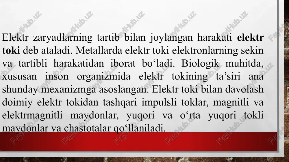 gi oshadi. ko’rsatma: 1.og’riq sindromini pasaytirish yoki bartaraf qilish (nevralgiya, nevrit, neyromiozit, glossalgiya). 2. tormozlovchi jarayonlarni kuchaytirish (uyku buzilganda, oshqozon yara kasalligi, gipertoniya kasalligi). 3. nerv stvollarining regenerativ jarayonlarini stimullash (pleksit, travmatik infektsion nevrit). 4. mntning funktsional holatiga ta'siri (nevroz, markaziy asab tizimi organik kasalliklari). 5. progressiyalovchi mushak distrofiyasi, sust paralich, spondilez, tetaniya. 6. aterosklerozning boshlang’ich bosqichi, stenokardiya. 7. suyaklar sinishi, osteomielit. 8. a'zo va to’qimalarning surunkali yallig’lanish jarayonlari. 9. teri kasalliklari. 10.jinsiy azolar kasalliklari. qarshi ko’rsatma: · teri butunligi buzilganda · og’riq sezgisining butunlay yo’qolishida · individual tokni ko’tara olmaslik · hosilalarga, o’sma kasalliklariga gumon qilinganda · o’tkir yallig’lanish va yiringli jarayonlar · qon tizimi kasalliklari · yaqqol namoyon bo’lgan ateroskleroz · yurak etishmovchiligi · kaxeksiya · homiladorlik · epilepsiya. elektroforez – bu dori moddasining doimiy tok yordamida organizmga kiritilishidir. dori moddalari organizmga asosan shilliq pardalari orqali kirishi mumkin, bunday a’zolarga: qorin terisi, kuraklar, yelkalar, bilak, boldir kiradi. kiritilgan …