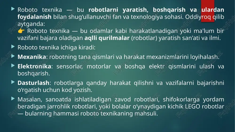 r: yunon va rim davrida oddiy mexanik qurilmalar (masalan, suv bilan harakatlanadigan haykalchalar) yaratilgan. 18-asr: avtomatlar — murakkab soat mexanizmlari asosida ishlaydigan o‘z-o‘zidan harakatlanuvchi qurilmalar ixtiro qilingan. masalan, jacques de vaucansonning avtomatik o‘rdak modeli mashhur. 20-asr o‘rtalari: birinchi zamonaviy robotlar ishlab chiqildi. 1956-yilda george devol va joseph engelberger birinchi sanoat robotini yaratdi. bu robot unimate deb nomlangan va avtomobil zavodlarida ishlatilgan. hozirgi zamon: robotlar sanoat, tibbiyot, kosmonavtika, harbiy va kundalik hayot sohalarida keng qo‘llanmoqda. sun’iy intellekt asosida mustaqil qaror qabul qiladigan robotlar paydo bo‘ldi. robotlarning turlari 1. sanoat robotlari asosan zavod va fabrikalarda ishlatiladi. payvandlash, yig‘ish, bo‘yash kabi vazifalarni bajaradi. masalan: abb, kuka, fanuc robotlari. 2. maishiy robotlar kundalik hayotni osonlashtiradi. changyutgich robotlar (roomba), maysazor o‘ruvchilar, uy yordamchilari. 3. tibbiy robotlar murakkab operatsiyalarni bajarishga yordam beradi. masalan: da vinci surgical system – jarrohlikda ishlatiladi. 4. harbiy robotlar razvedka, portlashlarni bartaraf qilish, jangovar missiyalar uchun. masalan: dronlar, yer usti robotlari. 5. …