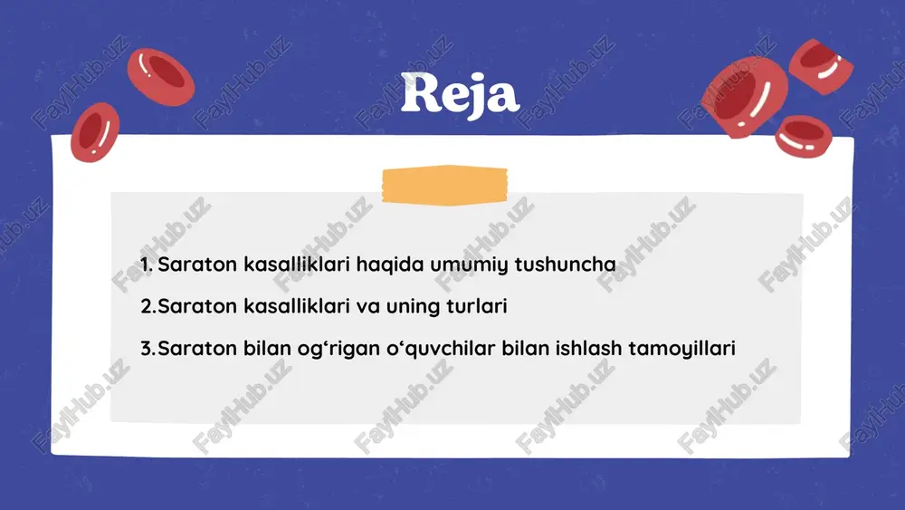 ng asosiy sabablari orasida genetik omillar, radiatsiya va kimyoviy moddalar ta’siri hamda immunitet tizimidagi buzilishlar mavjud. uni davolash uchun kimyoterapiya, nurlanish terapiyasi va suyak iligi transplantatsiyasi qo‘llaniladi. leykemiya (qon saratoni) limfoma (limfa saratoni) limfoma (limfa saratoni) limfa tugunlari va limfa tizimi hujayralaridan kelib chiqadigan yomon sifatli o‘sma bo‘lib, immunitet tizimini zaiflashtiradi. limfomaning ikki asosiy turi mavjud: xodjkin limfomasi va noxodjkin limfomasi. xodjkin limfomasi nisbatan kam uchraydigan va davolash imkoni yuqori bo‘lgan tur hisoblanadi, noxodjkin limfomasi esa ko‘proq uchraydi va turli xil ko‘rinishlarga ega bo‘lishi mumkin. limfoma (limfa saratoni) kasallikning asosiy belgilari limfa tugunlarining kattalashishi va shishishi, doimiy charchoq, kechasi ko‘p terlash, tana haroratining sababsiz ko‘tarilishi, tana vaznining tushib ketishi va qorin yoki ko‘krak sohasida og‘riqlar bo‘lishi mumkin. limfomaning rivojlanish sabablari to‘liq aniqlanmagan bo‘lsa-da, genetik moyillik, virus infektsiyalari (masalan, epsteyn-barr virusi), radiatsiya va immunitet tizimining zaiflashishi muhim omillar sifatida ko‘riladi. uni davolash uchun kimyoterapiya, nurlanish terapiyasi, immunoterapiya va ba’zi hollarda suyak …
