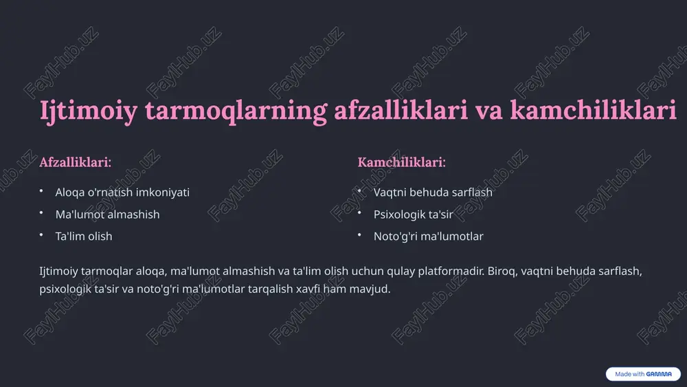 qilishda ijtimoiy tarmoqlar sport sport mashg'ulotlarini targ'ib qilish. to'g'ri ovqatlanish sog'lom ovqatlanishni targ'ib qilish. meditatsiya meditatsiya va ruhiy salomatlik. ijtimoiy tarmoqlar sog'lom turmush tarzini targ'ib qilish uchun foydali platformadir. sport, to'g'ri ovqatlanish va meditatsiya kabi mavzularni targ'ib qilish mumkin. 7 ijtimoiy tarmoqlardan oqilona foydalanish qoidalari vaqtni cheklash kuniga ma'lum vaqt ajratish. 1 maqsadli foydalanish aniq maqsadlar bilan kirish. 2 filtrlash negativ kontentdan uzoqroq bo'lish. 3 ijtimoiy tarmoqlardan oqilona foydalanish uchun vaqtni cheklash, maqsadli foydalanish va negativ kontentdan uzoqroq bo'lish lozim. 8 ijtimoiy tarmoqlar orqali shaxsiy brendni yaratish 1 o'ziga xoslik 2 kontent 3 muloqot ijtimoiy tarmoqlar orqali shaxsiy brendni yaratish uchun o'ziga xoslikni namoyish etish, sifatli kontent yaratish va auditoriya bilan muloqot qilish zarur. 9 xulosa va tavsiyalar ijtimoiy tarmoqlar shaxsiy rivojlanish uchun katta imkoniyatlar yaratadi. ulardan oqilona foydalanish, afzalliklardan unumli foydalanish va kamchiliklardan saqlanish lozim. 10 image-1002-1.png image-1-1.png image-1-2.png image-1003-1.png image-1004-1.png image-3-1.png image-1005-1.png image-4-1.png image-4-2.png image-4-3.png image-4-4.png image-1006-1.png image-5-1.png …