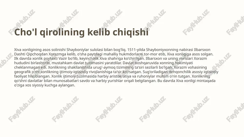 g eng yaxshi me'morlari jalb qilingan. qo'rg'onlar va devorlar 1 himoya xiva xonligini tashqi dushmanlardan himoya qilish zarur edi. 2 devorlar xiva shahri baland va mustahkam devorlar bilan o'ralgan. bu devorlar shaharga kirishni nazorat qilishga yordam bergan. 3 qo'rg'onlar xonlik hududida ko'plab qo'rg'onlar qurilgan. xiva xonlari hayoti saroy xivalik xonlar hashamatli saroylarda yashaganlar. saroylar ko'pincha ichki hovlilarga ega bo'lib, unda bog'lar, favvoralar va yozgi chodirlar bo'lgan. xonlar o'z irodalarini mustahkamlash uchun ko'plab ayollarga ega bo'lishgan, ularning har biri alohida yashash xonasiga ega bo'lgan. marosimlar xon hayoti marosimlar bilan to'la bo'lgan. qabul qilish, ovqatlanish va boshqa tadbirlar qat'iy tartib-qoidalarga amal qilingan holda o'tkazilgan. xonlar, shuningdek, ilm-fan va san'at homiylari bo'lib, o'z saroylarida shoirlar, musiqachilar va olimlarni to'plaganlar. xonlikning tanazzuli ichki ziddiyatlar taxt uchun kurashlar va hokimiyat uchun ichki urushlar. tashqi bosim qo'shni xonliklar va davlatlarning doimiy bosimi. iqtisodiy muammolar savdo yo'llarining o'zgarishi va qishloq xo'jaligining tanazzuli. qo'shilish 1 2 rossiya bosqini …