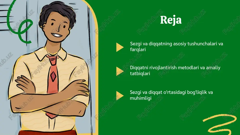 ta'lim muassasalarida va ish joylarida amaliy mashqlar, masalan, meditatsiya va fokus o'yinlari, diqqatni rivojlantirishga yordam beradi. natijalar diqqat darajasining oshishini ko'rsatadi, bu esa o'qish va ish samaradorligini yaxshilaydi, stressni kamaytiradi va muammolarni hal qilishda yordam beradi. olingan natijalarga asoslanib, tavsiyalar shundan iboratki: muntazam diqqat mashqlarini bajarish, ularni kundalik hayotga kiritish va professional yordam olish samaradorlikni oshiradi. sezgi va diqqat o'rtasidagi bog'liqlik sezgi jarayonlari tashqi stimullarga javob berib, diqqatni qaysi ma'lumotlarga qaratishni belgilaydi. bu jarayonlar orqali biz muhim ma'lumotlarni ajratib olamiz va diqqatni boshqaramiz. diqqat sezgi jarayonlaridan ma'lumotlarni tanlab olishda va prioritetlashda muhim rol o'ynaydi. bu, ayniqsa, muhitdagi ko'plab stimullarga qarshi kurashishda va xotirani shakllantirishda muhimdir. diqqat sezgi signallarini boshqarish va ma'lum maqsadlar uchun ularni filtrlash imkonini beradi. masalan, yozuvchi detalarga e'tibor qaratib, ishini samarali amalga oshiradi. sezgi va diqqatning ahamiyati sezgi va diqqat inson hayotida muhim o'rin tutadi. ular ta'lim va shaxsiy rivojlanishda asosiy rol o'ynaydi. rivojlanish uchun muntazam amaliyot …