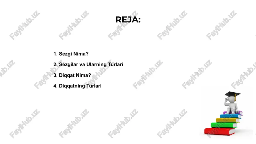 qat insonlarning muhim qobiliyatlaridan biridir, ular yordamida atrof muhitni anglash va faoliyatni samarali qilish mumkin. bu jarayonlar bilim va tushunchalarni kengaytiradi. 1. 2. 4. diqqatning turlari orasida taqsimlangan, doimiy, va rang-barang diqqat mavjud bo‘lib, ular har birining o‘ziga xos xususiyatlari va qo‘llanilish joylari bor. har bir tur ehtiyojga mos keladi. sezgi va diqqatni rivojlantirish uchun mashqlar qilish tavsiya etiladi, bu esa ko‘nikmalarni oshiradi, diqqatni to‘plash va muhim ma'lumotlarni ajratishni yaxshilaydi. sezgi va diqqat o'rtasidagi aloqa 01. 02. 03. sezgi va diqqat inson ongining muhim qismlari bo‘lib, ular bir-biriga chambarchas bog‘liq bo‘lib, muhim ma'lumotlarni anglashda rol o‘ynaydi. diqqat sezgining faol ishlashini ta'minlaydi. sezgi yordamida biz muhitdagi ma'lumotlarni qabul qilamiz, diqqat esa bu ma'lumotlar orasidan muhimlari va keraksizlarini ajratishda yordam beradi. ular birgalikda tushunchalarning chuqurlashishini ta'minlaydi. sezgi va diqqat o‘rtasidagi aloqa bizning kunlik faoliyatimizda muhimdir, ular yordamida muhitni tahlil qilib, to‘g‘ri qarorlar qabul qilamiz va muvofiqlikni ta'minlaymiz. sezgi va diqqatni rivojlantirish usullari …