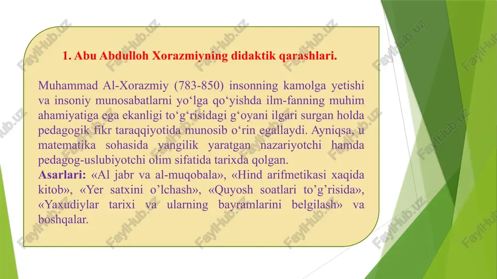 di. muhammad al-xorazmiy bilishni sezgidan mantiqiy tasavvur orqali farq qilish haqida fikr bayon etgan: “sezgi” orqali bilish bu qisman bilish bo‘lsa, mantiqiy bilish esa haqiqiy bilimning muhim tomonini namoyon etadi. muhammad al-xorazmiy bilish nazariyasiga muhim hissa qo‘shdi. u birinchilardan bo‘lib, sinov-kuzatish va sinov metodlariga asos soldi (samoviy obyektlarning harakatini aks ettiruvchi jadval asosida matematik masalalarning algoritm metodida yechishni ishlab chiqdi). didaktik qarashlari: al-xorazmiy bilish nazariyasiga muxim hissa qo’shdi. u birinchilardan bo’lib, induktsiya, deduktsiya, sinov-kuzatish va sinov metodlariga asos soldi. u birinchi marta insonlar o’rtasidagi munosabatlarni matematik shakllarda ifodaladi. hindlarning o’nlik raqamlari xorazmiy tufayli «arab raqamlari» nomi bilan butun dunyoga yoyildi. xorazmiy xindlarning falakiyot jadvallarini tahlil etib, «xorazmiy ziji» nomi bilan mashxur astronomik jadvallar tuzdi. 2. abu nasr forobiyning asarlaridagi pedagogik fikrlar abu nasr forobiyning inson kamoloti haqidagi ta’limoti ta’lim – tarbiya sohasida katta ahamiyatga ega. mashhur yunon faydasufi arastudan keyin sharqda o‘z bilimi, fikr doirasining kengligi bilan nom chiqargan. forobiyni …