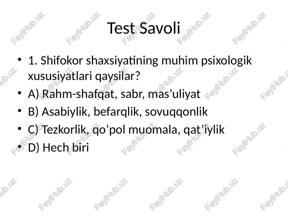 muloqot madaniyati, mas’uliyat b) faqat dorilarni to‘g‘ri berish c) faqat bemordan ko‘p tahlil olish d) hech narsa talab qilinmaydi test savoli 10. evtanaziya muammosi asosan qaysi yo‘nalish bilan chambarchas bog‘liq? a) bioetika va huquqiy masalalar b) diagnostika c) farmakologiya d) epidemiologiya /docprops/thumbnail.jpeg