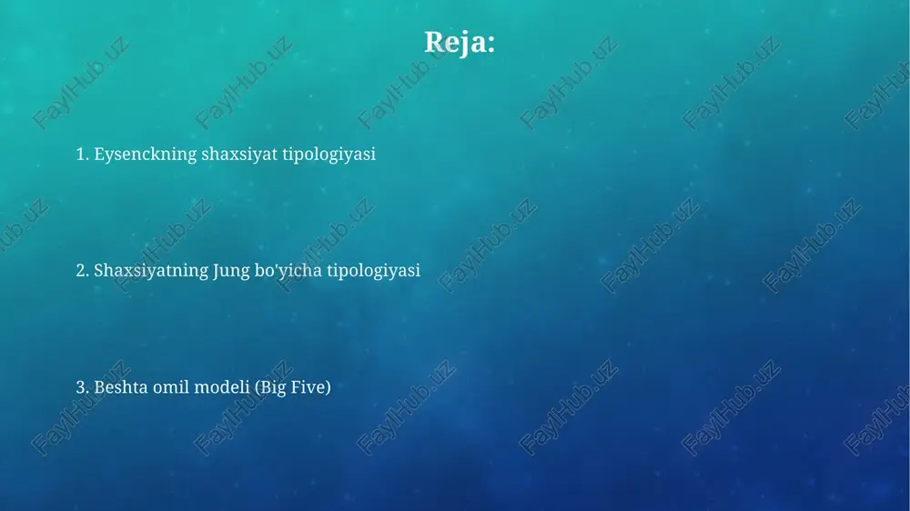 ning turlicha tartibga solinishi bilan bog'liq bo'lib, bu 16 shaxsiyat turiga oid jung nazariyasining asosiy tarkibiy qismidir. ekstrovertlar ijtimoiy munosabatlarga ko'proq moyil bo'lsa, introvertlar esa 2 dan ortiq kishilik guruhlarda bo'lishdan ko'ra, yolg'izlikni afzal ko'rishlari mumkin, bu esa ularning energiya sarfini bildiradi. beshta omil modeli (big five) big five modeli bo'yicha o'tkazilgan tadqiqotlar shuni ko'rsatdiki, dunyoning 50 dan ortiq mamlakatida ushbu xususiyatlarning o'zaro bog'liqligi deyarli bir xil bo'lib, shaxsiyatning universal tuzilishini tasdiqlaydi. ekstraversiya va neurotizm kabi big five xususiyatlari biologik omillar, shu jumladan miya tuzilishi va genetikaga bog'liq bo'lib, aqsh olimlarining tadqiqotlarida tasdiqlangan. big five: neyrotizm neyrotizmning yuqori ballari bo'lgan shaxslar 30% ko'proq xavotir va stressni boshdan kechirishadi, bu esa germaniyada o'tkazilgan tadqiqotlarga ko'ra, yurak-qon tomir kasalliklari xavfini oshiradi. neyrotizm darajasi 2 dan past bo'lgan shaxslar 70% kamroq hissiy jihatdan beqarorlikni namoyon qiladilar, bu esa buyuk britaniyadagi bir qator psixologik testlar natijalariga mos keladi. big five: ochiqlik tajribaga ochiqlikka past …