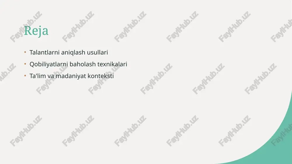 ularning afzalliklari. 1 zamonaviy testlar zamonaviy qobiliyatlarni aniqlash testlari, shaxsiy qobiliyatlarni mukammal baholash uchun ilg'or psixologik yondashuvlarni o'z ichiga oladi. 2 avtomatlashtirilgan jarayon ushbu testlar ko'pincha avtomatlashtirilgan, bu esa ma'lumotlarni tez va aniq yig'ish imkonini beradi, natijalarni tezkor baholashga yordam beradi. 3 keng qamrovli baholash zamonaviy testlar shaxslarning turli qobiliyatlarini, jumladan, ijodkorlik, analitik fikrlash va ijtimoiy ko'nikmalarni keng qamrovli baholaydi. 4 xususiylashtirilgan yondashuv ushbu testlar shaxsiy ehtiyojlarga moslashtirilishi mumkin, bu esa har bir talantni aniqlash jarayonini individual ravishda osonlashtiradi. individual qobiliyatlarni baholashda foydalaniladigan interaktiv metodlar. 1 interaktiv o'yinlar interaktiv o'yinlar, talantlarni aniqlashda qiziqarli va samarali metod bo'lib, o'quvchilarga muammolarni hal qilishda ijodkorlik va mantiqiy fikrlashni rivojlantiradi. 2 guruh muhokamalari guruh muhokamalari orqali talabalar o'z fikrlarini ifoda etish va bir-birining qobiliyatlarini baholash imkoniyatiga ega bo'lib, jamoaviy ish ko'nikmalarini rivojlantiradi. 3 simulyatsiya mashg'ulotlari simulyatsiya mashg'ulotlari real hayot vaziyatlarini aks ettirib, talabalarning qobiliyatlarini amalda sinab ko'rish va o'zlarini baholash imkoniyatini beradi. ta'lim jarayonida …
