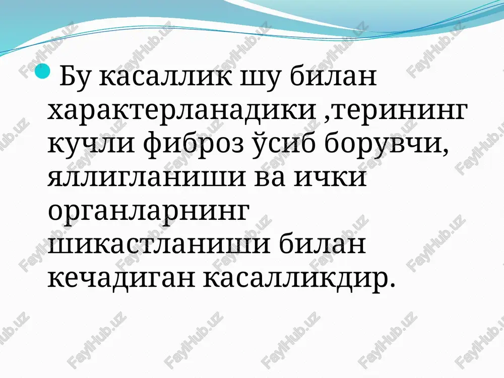 nlarda skleroz, perikardit rivojlanadi. buyrak zararlanishi kuplab kortikal nekrozlar, mayda arteriyalarda fibrinoid nekroz rivojlanadi. ssd ning tasnifi (n.g gusev) iklinik kechishi buyicha: 1.diffuz sklerodermiya. 2.limitli sklerodermiya yoki crest-sindrom. 3. kesishma sindrom yoki overlap ssd, dm.yoki skyu bilan birgalikda kelishi. 4. kupincha vistseral formasi uchrashi. 5.yuvinil sd, unda bugim sindromi ifodalangan va kontraktura rivojlanishi ii . kechish xarakteri utkir. utkir osti. surunkali. iii. faollik darajasi minimal. urta faollik. maksimal. iv. rivojlanish boskichlari: boshlangich. generalizatsiyalangin terminal. klinik formalar: preskleroderma: reyno fenomeni barmoklar kapillyarlarining uzgarishi bilan birgalikda kechib barmoklarda ishemiya keltirib chikaradi. diffuz teri formasi , barmoklar terisining distal va proksimal kismida simmetrik kalinlashuvi kuzatiladi. bel soxasining zararlanishi ichki organlarning tezda shikastlanishi bilan kechadi. limitli uchraydigan teri formasi- yuz terisining distal kismining simmetrik zararlanishi, keyinchalik ichki organlar zararlanishi kuzatiladi. bunga crest-sindromi, upka gipertenziyasi va birlamchi biliar jigar tsirrozi kiradi. sklerodermiyaning, sklerodermasiz uchraydigan formasi-bu ichki organlar va tomirlar zararlanshi bilan kechadi, ammo teri zararlanishi …