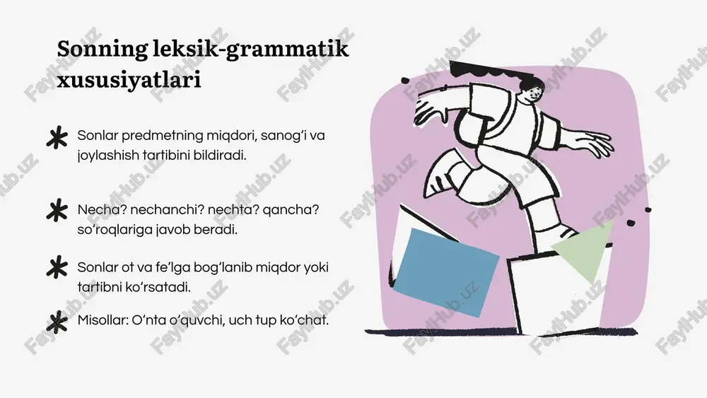 himan. sanoq son va uning xususiyatlari sanoq sonlar predmetning miqdorini bildiradi (masalan, ikki kitob). sanoq sonlar ko‘pincha hisob so‘zlari bilan qo‘llaniladi: ikki bosh qo‘y, besh litr sut. sanoq sonlar hisob so‘zlarsiz ham ishlatilishi mumkin.. misol: beshta daftar, o‘n talaba. tartib son va uning qo‘llanilishi qo‘shimchasi: -(i)nchi. misol: birinchi o‘quvchi, ikkinchi sinf. rim raqamlari bilan yozilganda chiziqcha ishlatilmaydi: vii sinf. tartib sonlar predmetlarning ketma-ketlik tartibini bildiradi. tartib sonlar raqamlar bilan yozilganda, arab raqamlaridan keyin chiziqcha qo‘yiladi: 9-sinf, 2-qavat. chama son va jamlovchi son chama son: predmet yoki harakatning taxminiy miqdorini bildiradi (o‘ntacha odam). jamlovchi sonlar -ov va -ala qo‘shimchalari bilan yasaladi: beshov, ikkala. jamlovchi son: predmetlarning miqdorini jamlab ko‘rsatadi (ikkov, uchala). sonlarning qo‘llanishi va hisob so‘zlari hisob so‘zlari predmetlar yoki harakatlarning o‘lchov birligi hisoblanadi: kilogramm, litr, tup, nafar. eski hisob so‘zlar: misqol, botmon. misol: besh tup daraxt, ikki bosh qo‘y, uch litr sut. e’tiboringiz uchun rahmat image9.png image10.svg image11.png image12.svg image13.png …