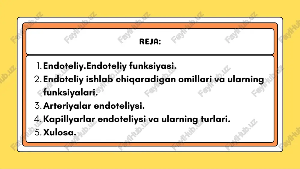 tomirlarini shakllantirish hisoblanadi. bu oqsil shuningdek, tomirlar jarohatlangandan keyin yangi qon tomirlar shaklllanishini va mashqlar bajarilgandan keyin mushaklarning o’sishini ta’minlaydi. sog‘lom tomirlarda endoteliy antitrombogen omilni ishlab chiqaradi, qonning shaklli elementlari, jumladan eritrotsitlar, trombotsitlarning cho‘kmaga tushib qolishiga to‘sqinlik qiladi. endoteliysi jarohatlanganda, subendoteliydagi kollagen tolalar trombotsitlarning agregatsiyasini chaqiradi.natijada tromb hosil bo’ladi va qon tomirlar devoriga yopishib, qon ketishini to‘xtatadi. juda ko‘p tromblarning qo‘shilishidan embollar vujudga keladi.tomirlar endoteliysining butunligi trombotsitlarni subendoteliy qavati bilan aloqasiga yo‘l qo‘ymaydi. shuning uchun ham miokard infarktida, insult yoki o‘pka emboliyasida tromb hosil bo‘lishiga to‘sqinlik qiluvchi preparatlar yuboriladi. bu serin-proteaza, fibrinni parchalab, trombni eritib yuboradi. arteriyalar endoteliysi arteriyalarning endoteliy qavati bazal membranada joylashgan yirik va yassi hujayralardan tashkil topgan.aortaning endoteliy hujayralarining uzunligi 500 mkm gacha, eni esa 150mkmga yetadi.bu hujayralar ko'pincha bir yadroli bo'lib, sitoplazmasida ko'p miqdorda (200 dan 700 gacha) mitoxondriyalar bor. ept sust rivojlangan bo'lib, membranasida oz miqdorda ribosomalar tutadi. kapilyarlar endoteliysi kapillyarlar devori juda yupqa bo'lishiga …