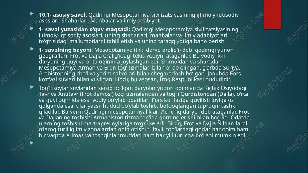 ishi mumkin edi. qadimgi mesopotamiya sivilizatsiyasi vujudga kelgan makon eng qadimgi sivilizatsiya taraqqiyotining markazi ushbu hududning janubiy qismida joylashgan edi. shimoliy mesopotamiya akkad deb, janubiysi esa shumer deb atalgan. shimoliy mesopotamiyada va tog‘ oldi hududlarida ossuriya joylashgan edi. mil. avv. iv ming yilliklarda janubiy mesopotamiyada shumer manzilgohlari paydo bo‘lgan. olimlarning fikricha, shumerliklar janubiy mesopotamiyaning ilk aholisi bo‘lmagan, chunki ushbu xalq frot va dajlaning quyi oqimlarini egallaganidan so‘ng qo‘llanilgan ayrim toponimik nomlar shumer tiliga oid emas edi. taxminlarcha, shumerlar janubiy mesopotamiyaga kirib kelishganda, bu yerda ular shumer va akkad tilidan farq qiladigan tilda so‘zlashuvchi qabilalarni uchratganlar va ulardan qadimgi toponimlarni o‘zlashtirib olganlar bora-bora shumerlar butun mesopotamiyani (shimolda –hozirda bog‘dod joylashgan hududdan, janubda – fors qo‘ltig‘igacha) egallashgan. mesopotamiyaning shimoliy qismida mil. avv. iii ming yillikning birinchi yarmidan semitlar istiqomat qilishgan. ular qadimgi old osiyo va suriya dashtlarining chorvador qabilalari bo‘lishgan. mesopotamiyaga kelib o‘rnashgan semit xalqlarining tili akkad tili deb atalgan. bir necha …