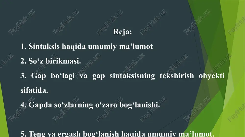 to‘ldiradi, uning shakliy va mazmuniy valentliklarini ro‘yobga chiqaradi. shuning uchun ham bunday munosabat doimo ikki qismdan – tobe va hokim qismdan iborat bo‘ladi. masalan, moviy osmon. mazmuniy birliklarning ketma-ket munosabati mazmuniy sintagmatik munosabatni hosil qiladi. sintaktik birliklarning mazmuniy munosabati kishi ongida aks etgan moddiy dunyodagi elemntlarning o‘zaro munosabatidir. sintaktik birliklar o‘rtasidagi mazmuniy sintagmatik munosabatni ham quyidagi turlarga ajratish mumkin: 1) subyekt va predikat munosabati yoki predikativ va sub’ektli munosabat; 2) belgi va predmet o‘rtasidagi munosabat yoki atributiv munosabat; 3) belgi bilan harakat o‘rtasidagi munosabat yoki relyativ munosabat; 4) predmet (ob’ekt) va harakat o‘rtasidagi munosabat yoki ob’ektli munosabat. sintaktik aloqa yo‘nalishiga ko‘ra ikkiga bo‘linadi: a) ikki tomonlama aloqa (koordinatsiya), b) bir tomonlama aloqa (subordinatsiya). ikki tomonlama aloqada ikki sintaktik shakl o‘zaro ikki tomonlama-ham chapdan o‘ngga qarab, ham o‘ngdan chapga qarab bog‘lanadi. har ikki sintaktik shakl bog‘lovchi oladi. bunday aloqada sintaktik shaklning birini hokim, ikkinchisini tobe deb bo‘lmaydi. bir tomonlama aloqada tobelanish …