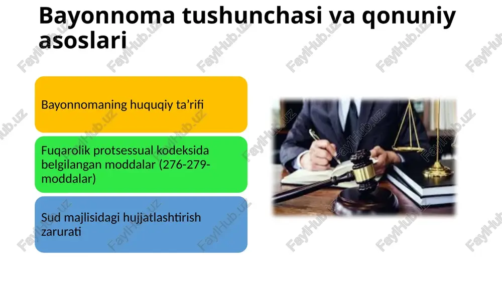 yoki to‘liq yuritilmagan bayonnoma — apellyatsiya yoki kassatsiya shikoyatlariga sabab bo‘lishi mumkin. sud amaliyotida uchraydigan muammolar bayonnomada kamchiliklar: vaqtni noto‘g‘ri yozish, ishtirokchilarning fikrlarini noto‘g‘ri aks ettirish. audio/video yozuv bilan bayonnoma mos kelmasligi. sud kotiblarining ko‘p yuklamasi va texnik vositalarning yetishmasligi. kelajakdagi takliflar va raqamlashtirish sud bayonnomalarini avtomatlashtirilgan tizimlar orqali shakllantirish. sun’iy intellekt yordamida audio yozuvni matnga aylantirish. raqamli arxivlar va qr-kodli hujjatlar orqali tezkor tekshiruv imkoniyati. image1.jpeg image2.jpeg image3.jpeg image4.jpeg image5.jpeg image6.jpeg image7.jpeg image8.jpeg image9.jpeg image10.jpeg image11.jpeg /docprops/thumbnail.jpeg