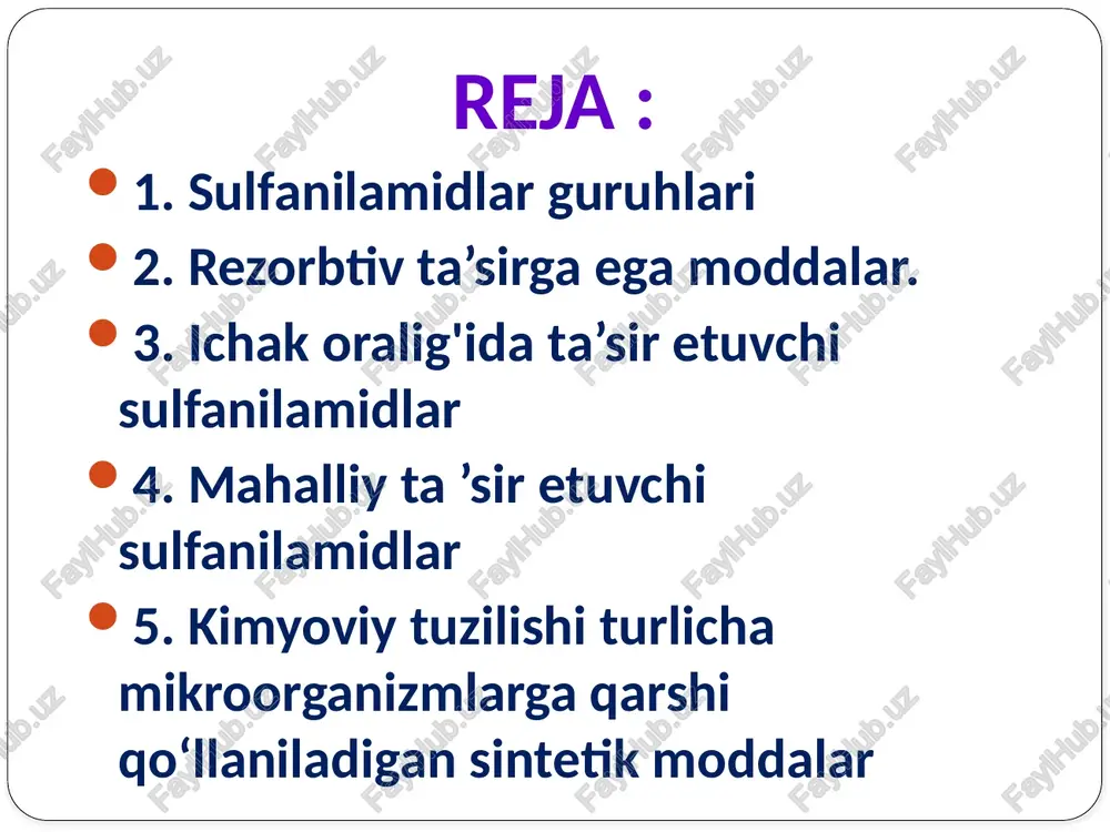 di. mikoorganizmlarda pabkning o'rnini olish uchun sulfanilamidlar yuqori miqdorda yuborilishi kerak. sulfanilamidlar tinch yotgan hamda tashqaridan olmay paraaminobenzoy kislotaning o'zi hosil qiladigan mikroorganizmlarga ta’sir ko'rsatmaydi. yiring bo'lgan joyda sulfanilamidlar ta’siri kamayib ketadi, chunki bu yerda paraaminobenzoy, foli kislotalarning miqdori oshadi, raqobatda sulfanilamidlar ularning o‘rnini ololmaydi va ustun bo'lolmaydi. me’da-ichakdan yaxshi so'riladigan moddalar: sulfadimezin, sulfazin, etazol, urosulfan, norsulfazol, sulfapiridazin, sulfamonometoksin, sulfadimetoksin. ular ichakdan qonga yaxshi so'riladi, qonda albuminlar bilan bog'lanib, to'qimalarga tarqaladi. gematoensefalik, yo'idosh to'siqlaridan yaxshi o'tadi, seroz bo'shliqlarda to'planadi. gematoensefalik to'siqdan sulfapiridazin va sulfadimezin boshqalarga nisbatan yaxshi o'tadi, sulfadimetoksin va norsulfazol bu to'siqdan deyarli o'tmaydi. ba’zi sulfanilamidlar, ayniqsa, sulfapiridazin,sulfadimetoksin o‘zgarmagan, ya’ni faol holda safro bilan ajralishi mumkin, bunda safro yo'llarida ularning miqdori qonga nisbatan bir necha barobar ortiqroq bo'ladi. bunday moddalarni safro yo'llari mikroorganizmlar bilan jarohatlanganda qo'llash maqsadga muvofiq bo'ladi. sulfanilamidlar ta'sir davomligi bo'yicha 3 guruhga bo'linadi: 1. qisqa muddat ta’sir etuvchi moddalar - sulfadimezin, etazol, urosulfan, norsulfazol, ularning ta’siri …
