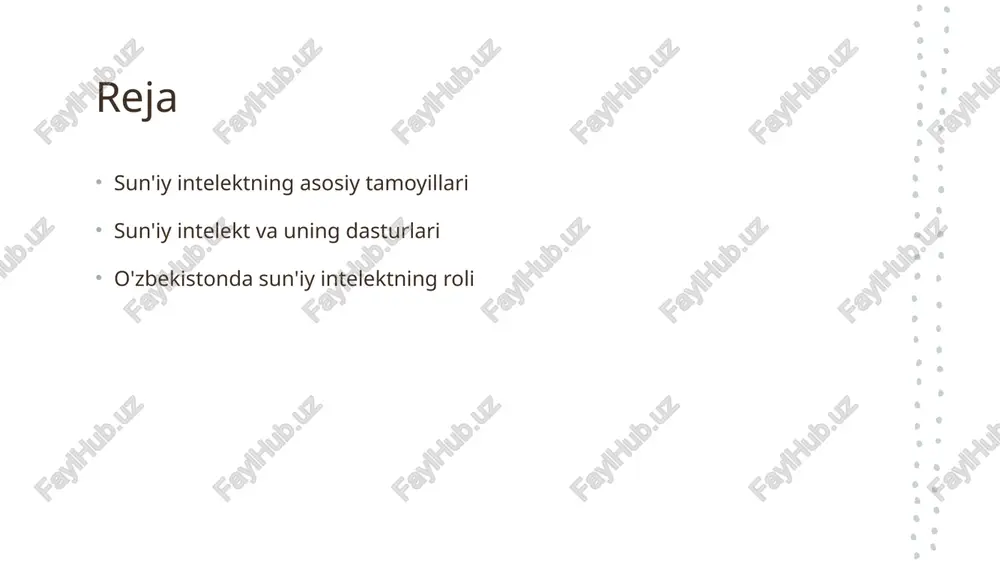 va qonunchilik sun'iy intelektning taraqqiyoti uchun mustahkam qonunchilik va boshqaruv tizimi kerak. bu texnologiyalarni nazorat qilish va ijtimoiy ta'sirini kamaytirishga yordam beradi. sun'iy intelekt dasturlarining asosiy turlari va ularning ishlash prinsiplari. 01 sun'iy tarmoq sun'iy tarmoqlar, ma'lumotlarni uzluksiz o'rganish orqali tasniflashda asosiy rol o'ynaydi, bu esa ko'plab sohalarda, masalan, tasvirni tanish, qo'llaniladi. 02 qoidalar asosida qoidalar asosida sun'iy intelekt dasturlari, aniq qoidalar va algoritmlar orqali muammolarni hal qilishda tajriba to'playdi, masalan, o'yinlarni o'ynashda. 03 avtonom tizimlar avtonom tizimlar, masalan, dronlar va transport vositalari, o'z-o'zini boshqarish uchun sun'iy intelektdan foydalanadi, bu esa ularning samaradorligini oshiradi. o'zbekistonda sun'iy intelekt dasturlari va ularning jamiyatga ta'siri. 1 sun'iy intelekt dasturlari - o'zbekistonda sun'iy intelekt dasturlari, jumladan, tibbiyot, moliya va ta'lim sohalarida faol qo'llanilmoqda, yangiliklar va samaradorlikni oshirmoqda. 2 jamiyatga ta'siri - sun'iy intelektning jamiyatga ta'siri, ish o'rinlarini yaratish, xizmatlarni yaxshilash va iqtisodiy rivojlanishni tezlashtirish orqali sezilarli bo'lmoqda. 3 kelajak istiqbollari - o'zbekistonda sun'iy intelekt …