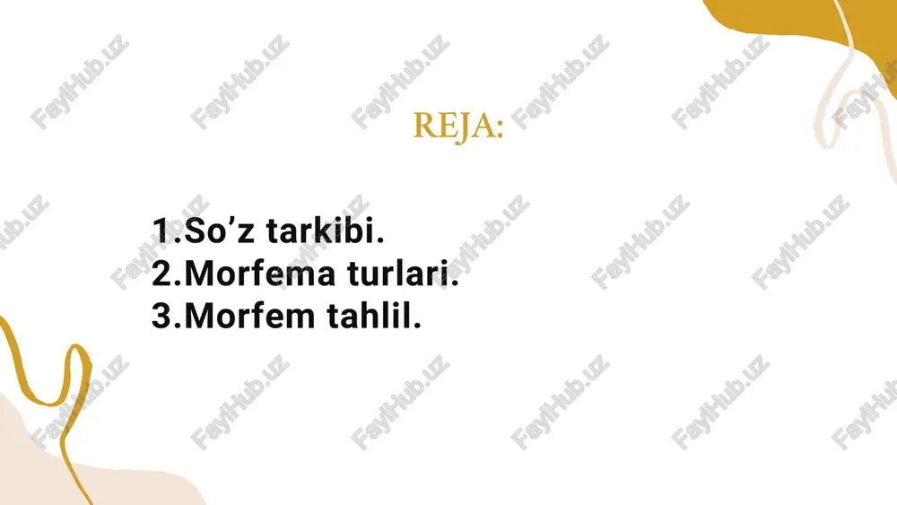 a: "-us, -a, -um" retroperitonealis, -e (qorin pardasi orqasida joylashgan) prefiks: "retro-" → "orqasida" o‘zak: "peritone-" → "qorin pardasi" (peritoneum – ichki qorin pardasi) suffiks: "-alis" → "bilan bog‘liq" fleksiya: "-is, -e" foydalanilgan adabiyotlar: https://uz.wikipedia.org/wiki/morfema https://jsrt.innovascience.uz/index.php/jsrt/artic le/download/363/305/326 https://zenodo.org/records/6461627