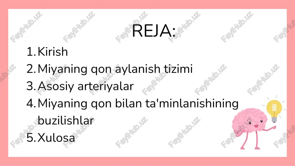 anterior et posterior; h) ko ‘z kosasining yuqori teshigi - foramen supraorbitale orqali chiqib, peshona sohasini qon bilan ta’m inlaydigan arteriya - a. supraorbitalis; i) burun tashqi sohasining arteriyasi - a. dorsalis nasi; j) a.a. muscularis - ko‘z atrofidagi mushaklami qon bilan ta’minlaydi; k) a.supratrochlearis - ko‘zning g ‘altaksimon mushagini qon bilan ta’minlaydi. 2. a. caroticotym panici - chakka suyagidagi tirqishlar orqali o ‘rta quloq bo‘shlig‘iga o‘tadi. 3. a. cerebri anterior - bosh miyaning oldingi arteriyasi bosh miya peshona bomagini qon bilan ta’minlaydi. har ikkala tarafdagi oldingi bosh miya arteriyalari o ‘zaro oldingi biriktiruvchi arteriyalar- a. com m unicans anterior vositasida qo‘shilib turadi. shu sababli bosh miyaning oldingi arteriyasidan ajraluvchi tarmoqlar 2 guruhga: qo'shuvchi arteriyadan oldingi - pars precommunicalis va biriktiruvchi arteriyadan keyingi qism - pars postcommunicalis tarmoqlariga ajraladi. i. a. cerebri anterior ning rars precommunicalis sohasidagi tarmoqlari:a.a. centrales anterom ediales - markaziy pushtalarga yo‘naluvchi oldingi medial tarmoqlar. 0 ‘z …