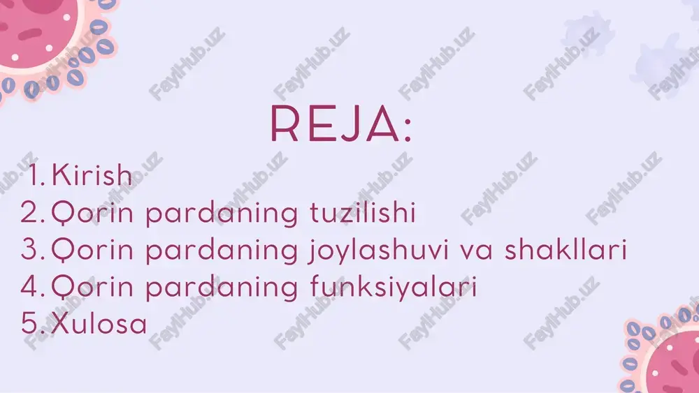 laming oldingi sohasida to‘rt qavatli seroz parda tashkil boradi va bu hosilaga katta charvi - omentum majus deyiladi. katta charvi - omentum majus tarkibi quyidagi boylam lardan hosil boradi: a) lig. gastrophrenicum - diafragma bilan oshqozon orasidagi boylam; b) lig. gastrosplenicum - oshqozon bilan taloq orasidagi boylam; d) lig. gastrocolicum - oshqozon bilan ko‘ndalang cham bar ichak orasidagi boylam; e) lig. phrenicosplenicuni - diafragma bilan taloq orasidagi boylam; 0 lig. splenorenale - taloq bilan chap buyrak orasidagi boylam; g) lig. pancreaticosplenicum - taloq bilan me’da osti bezi orasidagi boylam; h) lig. pancreaticocolicum - ko‘ndalang chambar ichak bilan m e’da osti bezi orasidagi boylam; i) lig. splenocolicum - taloq bilan ko‘ndalang chambar ichak orasidagi boylam; j) lig. phrenicocolicum - diafragma bilan ko‘ndalang chambar ichak orasidagi boylam. qorin bo‘shligini orqa devori sohasidagi parietal qorin parda ingichka ichak devorini o‘raydigan visseral qorin pardaga ingichka ichak tutqichlari mesenterium holida yo‘naladi. ingichka ichak tutqichining qorin …