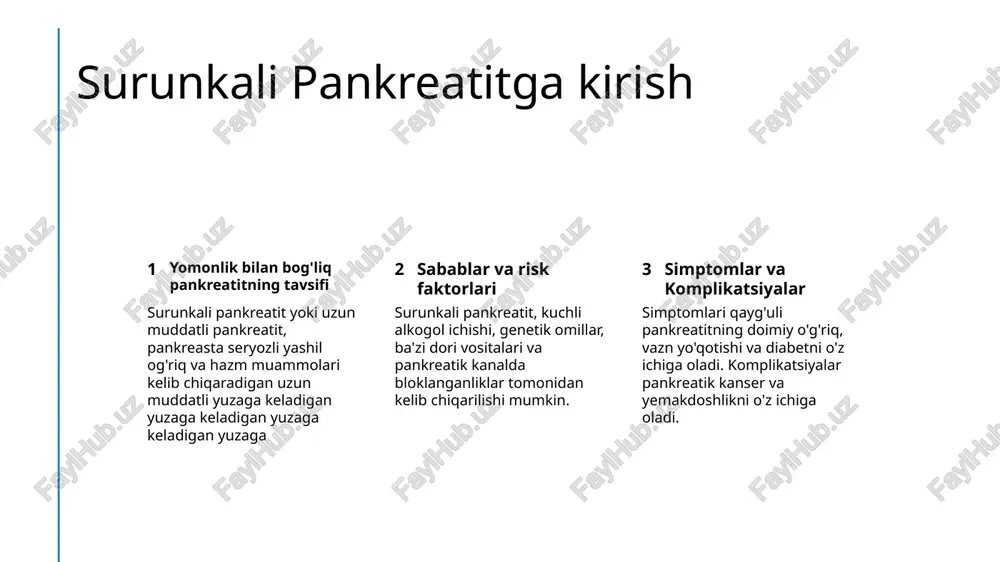 lar yeyishdan so'ng o'pishib qusish va qarindosh og'riqqa olib kelishi mumkin. 3 sarg'ishlik in some cases, sorrowful pankreatitga ega bo'lgan bemorlar ikkinchi qon bilan yuz va ko'zlarini sariq rangga aylantiradilar. pankreatitni tanishtirish belgilari va jismoniy tekshiruvi pancreatitni tanilash simptomlarni baholashni, masalan, shiddatli ichki o'g'riq, qarindoshda o'g'riq va o'sishni tekshirish va fizikaviy tekshiruvni o'tkazish, qusish va qarindoshda o's laboratoriya testlari o'tingan amilaz va lipaz darajasini aniqlash uchun qon testlari, shuningdek, karaxona funktsiyasi testlari, pankreatitni tanishtirishga yordam berishi mumkin. ct skanlari va mri kabi tasvirlash testlari ham foydalan endoskopik ultrasonografiya endoskopik ultrasonografiya pankreasnigina va uning atrof-muhit tuzilmalarini ko'rish uchun ishlatilishi mumkin, bu pankreatitni diagnos qilishga yordam beradi va yolg'on tsistlar yoki pankreatik o'tkazmalar k biopsiya va tuzilma namunalarini olish ba'zi holatlarda, pankreatitning diagnosini tasdiqlash uchun biopsiya yoki tuzilma namunalar kerak bo'ladi, xususan agar boshqa test pankreatitning qiyinchiliklari 1 2 3 urganchi pankreatitning komplikatsiyalari surunkali pankreatitning davomiyligi komplikatsiyalari pankreatitning keyingi komplikatsiyalari akut pankreatitning …