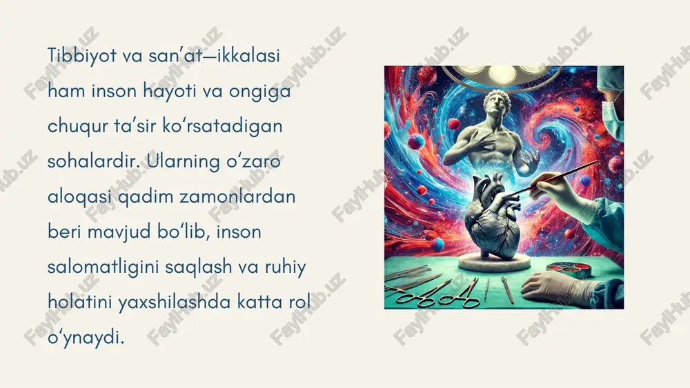 i. bugungi kunda san’at terapiyasi, musiqaterapiya, me’morchilik va tasviriy san’atning tibbiyot bilan uyg‘unligi yangi davolash usullarini yaratishda katta ahamiyat kasb etmoqda. foydalanilgan adabiyotlar: https://cyberleninka.ru/article/n/musiqiy-terapiyaning-tendensiyalari-va-inson- salomatligiga-ta-siri https://nauchniyimpuls.ru/index.php/noiv/article/download/690/606/617 https://nauchniyimpuls.ru/index.php/noiv/article/download/96/84/85 https://soff.uz/product/biologiya-meditsina-va-sanat-tibbiyot-va-sanat https://nauchniyimpuls.ru/index.php/noiv/article/download/690/606/617 https://nauchniyimpuls.ru/index.php/noiv/article/download/690/606/617 https://nauchniyimpuls.ru/index.php/noiv/article/download/690/606/617