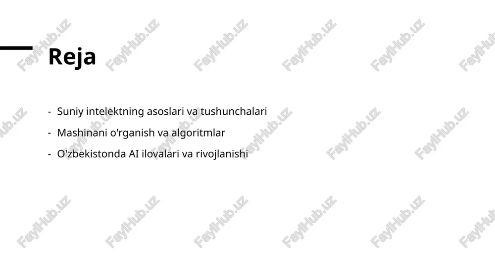 a risklarni boshqarishda yordam beradi. u bank va moliya institutlarining samaradorligini oshiradi. ta'limda ai suniy intelekt ta'lim sohasida shaxsiylashtirilgan o'qitish usullarini yaratadi. o'quvchilarning ehtiyojlariga mos keladigan dasturlar ishlab chiqadi, o'qish jarayonini yaxshilaydi. mashinani o'rganish: asosiy tushunchalar va ta'riflar. mashinani o'rganish nima? mashinani o'rganish (mo) — ma'lumotlardan foydalanib, algoritmlar yordamida modellarni ishlab chiqish va takomillashtirish jarayonidir. asosiy tushunchalar mashinani o'rganishda asosiy tushunchalar ichida nazoratli, nazoratsiz va kuchaytirilgan o'rganish turlari mavjud bo'lib, har biri turli maqsadlar uchun ishlatiladi. algoritmlar va modellar mashinani o'rganishda turli algoritmlar, masalan, qaror daraxtlari, neyron tarmoqlar va regressiya modellaridan foydalaniladi, bu esa ma'lumotlarni tahlil qilishga yordam beradi. amaliy misollar mashinani o'rganish amaliyotida tavsiya tizimlari, tasvirni tanish va tilni qayta ishlash kabi ko'plab misollar mavjud, bu esa texnologiyalarni yanada rivojlantiradi. algoritmlar va ularning suniy intelektda o'rni. 1 algoritmlar turlari - suniy intelektda ishlatiladigan algoritmlar asosan uch xil turga bo'linadi: nazoratli, nazoratsiz va kuchaytiriladigan o'rganish. har biri o'ziga xos vazifalarga …