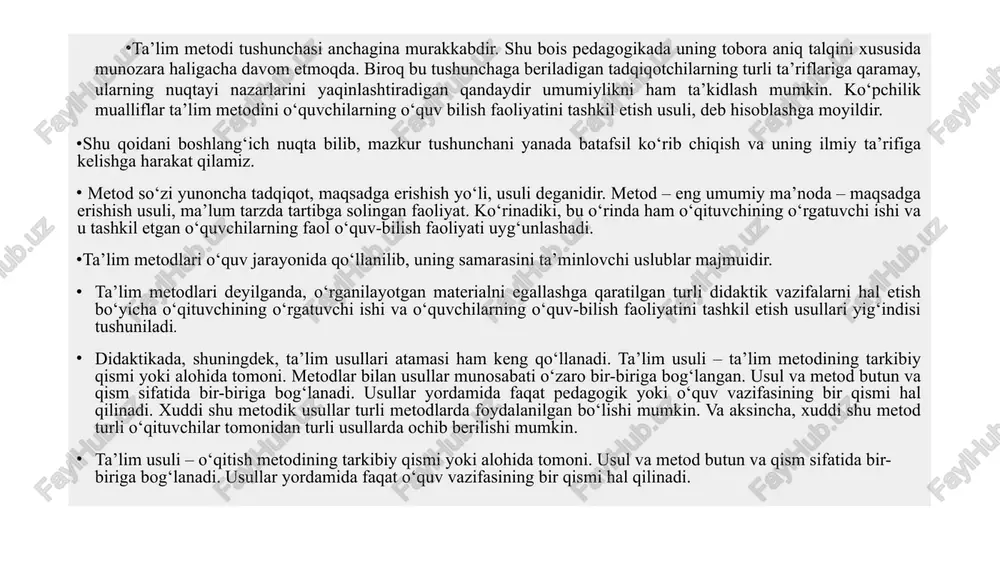 n. va aksincha, xuddi shu metod turli o‘qituvchilar tomonidan turli usullarda ochib berilishi mumkin. ta’lim usuli – o‘qitish metodining tarkibiy qismi yoki alohida tomoni. usul va metod butun va qism sifatida bir-biriga bog‘lanadi. usullar yordamida faqat o‘quv vazifasining bir qismi hal qilinadi. pedagogik texnologiya – bu muayyan loyiha asosida tashkil etiladigan, aniq maqsadga yo‘naltirilgan hamda ushbu maqsadning natijalanishini kafolatlovchi pedagogik faoliyat jarayoni mazmunidir. har qanday pedagogik texnologiya, jumladan umummadaniy dunyoqarashni shakllantirishga yo‘naltirilgan texnologiya ham o‘zaro hamkorlik, muloqot, ularning bir-birlariga ta’sirlari eng zamonaviy talablarga javob bergan holda, o‘qituvchi ta’lim-tarbiya jarayonini tashkil etish va boshqarish tamoyillari, yo‘llari, umummadaniy dunyoqarashni shakllantirishga xizmat qiluvchi metod va uslublar, talabalar shaxsi faoliyatni to‘g‘ri tashkil etish, ular bilan hamkorlik qilish, muloqotga kirishish, pedagogik faoliyatini tashkil etish jarayonida yuzaga keluvchi muammo va qarashlarni birgalikda hal etish, auditoriyada ijodiy hamkorlik, ishchanlik muhitini hosil qilishga doir shakl va metodlar bilan qurollangan bo‘lishi lozim. ta’lim amaliyotida “pedagogik texnologiya” tushunchasi uch darajada …