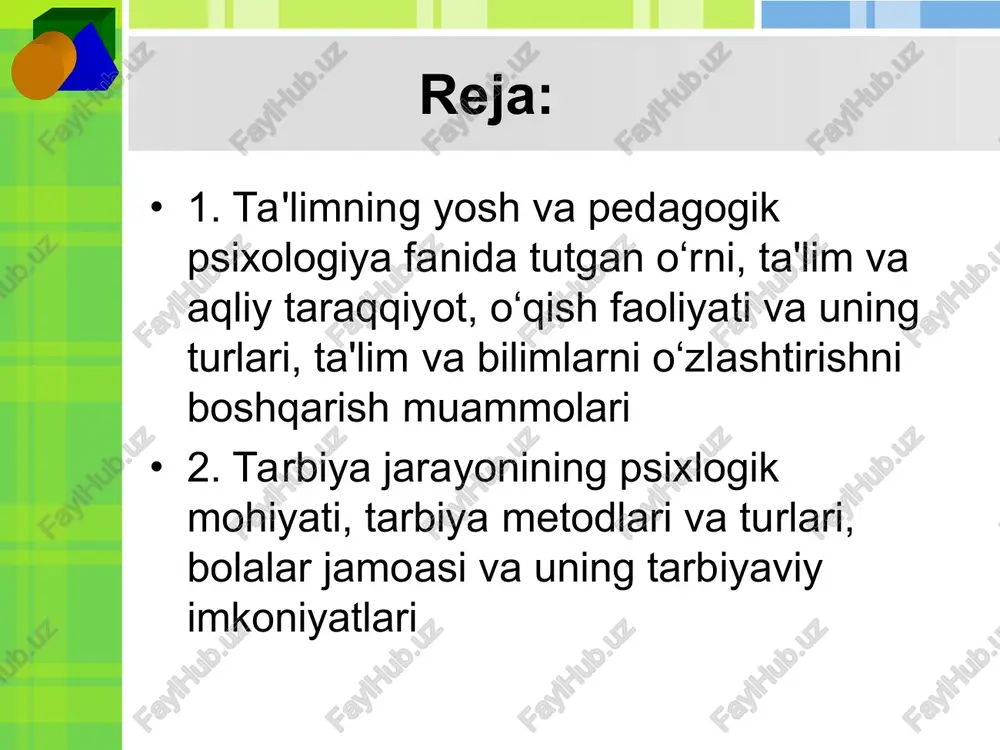 ar tugllishi bilan ona o‘rdakning yurishini ko‘rib orqasidan ergashib yura boshlaydilar. chaqaloqlarda so‘rish reflekslari mavjud boladi. i.p.pavlov davridan beri xulq-atvorning bunday shakllari shartsiz reflekslar deb atalgan, ularni ko‘proq «instinkt» deb atash to‘g‘riroq bo’lur edi. ikkinchisi… shartli reflektor o‘rganish. bu bo‘yicha ham tadqiqotlarni dastlab i.p.pavlov olib borgan. 0‘rganishning bu turi dastlabki neytral qo‘zg‘atuvchiga shartli reaksiyalar sifatida xulq-atvorning yangi shakllari vujudga kelishini nazarda tutadi. organizmning shartli reflektor reaksiyalarini tug‘diradigan stimullar qabul qilinishi lozim. masalan, «limon» so‘zini aytishimiz bilan ko‘z oldimizga sariq rangli, nordon ta’mli meva keladi. uchinchisi… operant o‘rganishdir. bunday o‘rganish turida bilim, ko‘nikma va malakalar «sinab ko‘rish va xato qilish» metodi orqali o‘rganiladi. individ duch keladigan vaziyatlar unda turli instinktiv, shartsiz, shartli reaksiyalarni vujudga keltiradi. organizm ketma-ket amalda masalani yechish uchun har birini sinab ko‘radi va bunda avtomatik ravishda erishilgan natijani baholaydi. eng yaxshi natijaga olib kelgan reaksiya, vujudga kelgan vaziyatda organizmning qulay moslashishini ta’minlagani boshqalaridan ajralib chiqadi va tajribada mustahkamlanadi. …