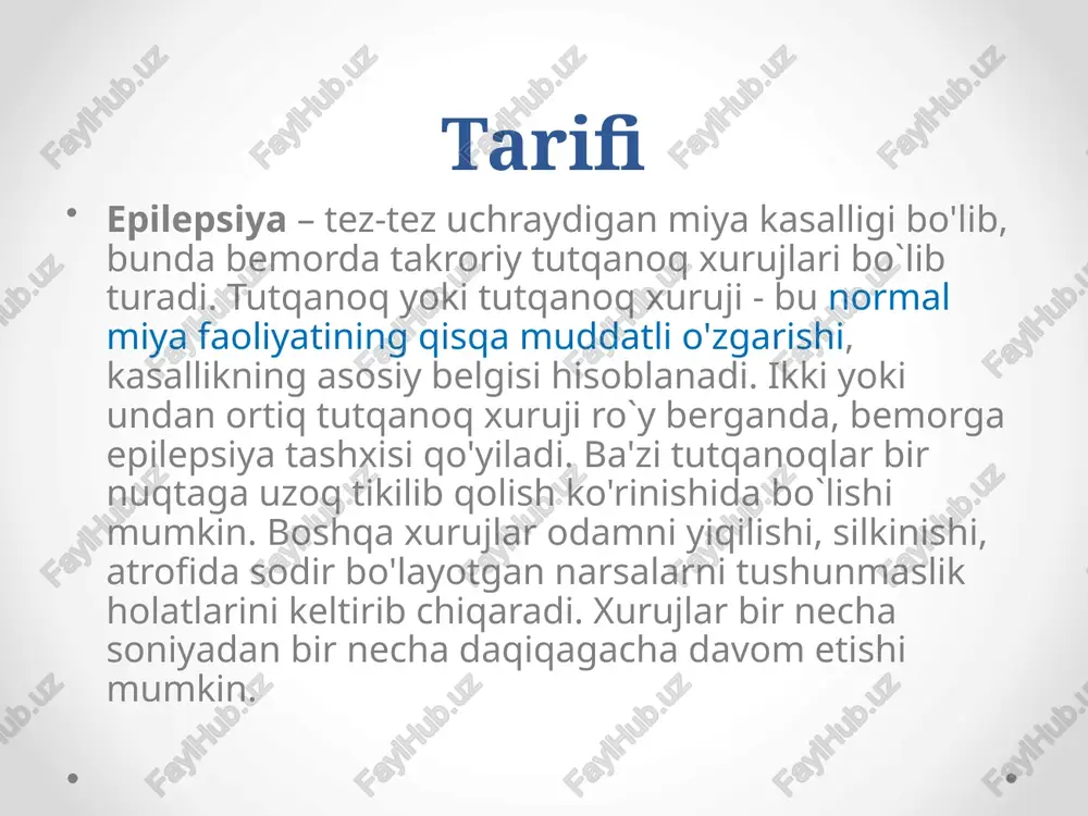 abiiy faoliyat natijasida yuzaga kelsa, ular parsial yoki o'choqli (fokal) xurujlar deb ataladi. tarqalgan xurujlarning quyidagi shakllari bor: tonik-klonik xurujlar absanslar (ongning qisqa vaqt mobaynida o`chib qolishi) aralash shakllar. epilepsiya belgilari qo'l va oyoqlarning qaltirashi yoki taranglashishi; qisqa vaqt davomida shovqin yoki so'zlarga javob reaksiyasi yo'qligi; nafas olishning qiyinlishuvi yoki nafas olishdan to'xtash; beixtiyor peshob va axlat chiqarish; kipriklarni tez-tez pirpiratish, bir nuqtaga tikilib qolish, ko`zini yuqoriga qaratish tutqanoq xuruji qanday boshlanadi? tutqanoq xuruji to‘satdan boshlanadi. xuruj boshlanganda bemorning yuzi va oyoq qo‘llari bir tomondan tortisha boshlaydi va bemor g‘ujanak bo‘lib yotib oladi. nafas olish qisqa vaqtga to‘xtaydi va bemorning rangi ko‘karib ketadi. bu paytda u qichqirib yuboradi, tilini tishlab oladi. bemorning barcha muskullari qotib qoladi (tonik bosqich). bu davr o‘rtacha 1 daqiqa davom etadi. ba’zida 30 soniyadan oshmaydi. keyin xurujlarning titroqli davri (klonik bosqichi) boshlanadi. bunda bosh va oyoq-qo‘llar titray boshlaydi. aura aura – bu epilepsiya xabarchisi. xurujlar boshlanishiga …