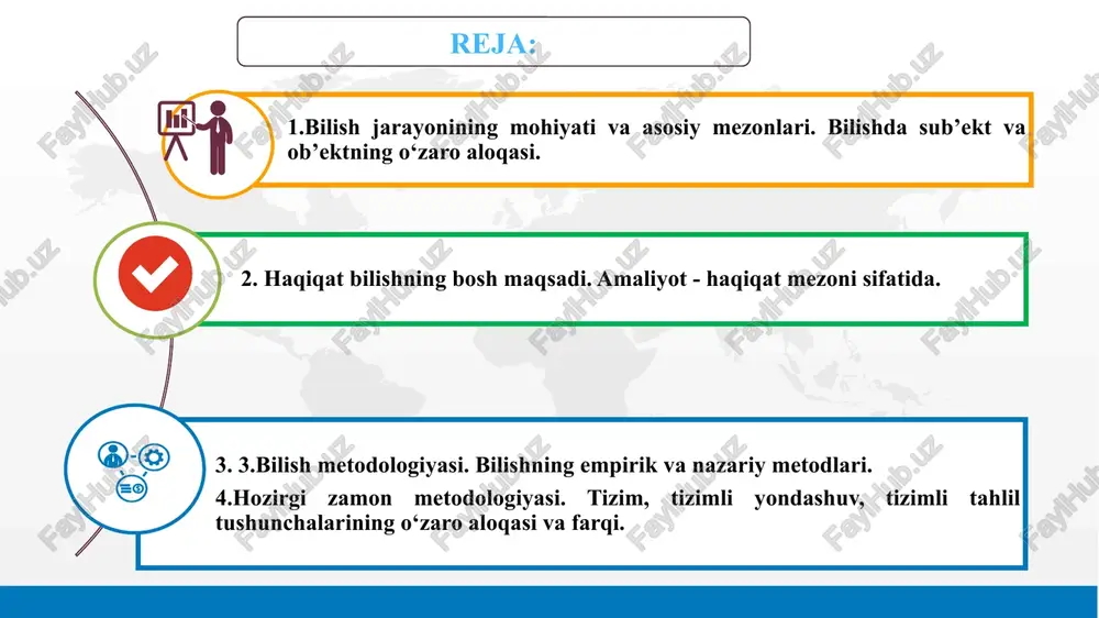va jamiyatnigina bilib qolmasdan, balki o‘zini, o‘zining ruhiy-manaviy dunyosini ham bilib boradi. bilish nazariyasini falsafada gnoseologiya sohasi o‘rganadi. «gnoseologiya» grekcha so‘z bo‘lib «gnosis» – bilish, «logos» – nazariya, yani bilish nazariyasi, bilish to‘g‘risidagi talimot manolarini anglatadi. «episteme» so‘zi «pistis» - e’tiqod so‘zi bilan uzviy bog‘liq. ammo, biz biladigan (gnosio) va biz ishonadigan (pistio), mavjudligiga etiroz bildirmaydigan narsalar – falsafiy va ilmiy bilimlarning hozirgi darajasida mazmunan har xil tushunchalardir. gnoseologiya umuman bilish haqidagi ilm bo‘lsa, epistemologiya esa asosan ilmiy bilish to‘g‘risidagi fandir. epistemologiya esa, bizning muayyan narsalar haqidagi bilimlarimiz va (yoki) e’tiqodlarimizning ishonchlilik darajasini o‘rganadi. gnoseologiya (epistemologiya) mazmuni va mohiyati. gnoseologiya ong, bilish, bilimni o‘rganish bilan shug‘ullanadi. bilish jarayoni rivojlanish qonuniyatlarining shakllari, haqiqatning tagiga etish imkoniyatlari nuqtai nazaridan o‘rganiladi. skeptitsizm (skeptitsizm — yunoncha: spektoman — shubhalanaman) - talimoti vakillari inson bilishining nisbiyligi, uning turli sharoitlar va vaziyatlar bilan bog‘liq. faylasufi d.yum bilish obekti, bilimlarimizning manbai obektiv borliq emas, balki subektiv sezgi …